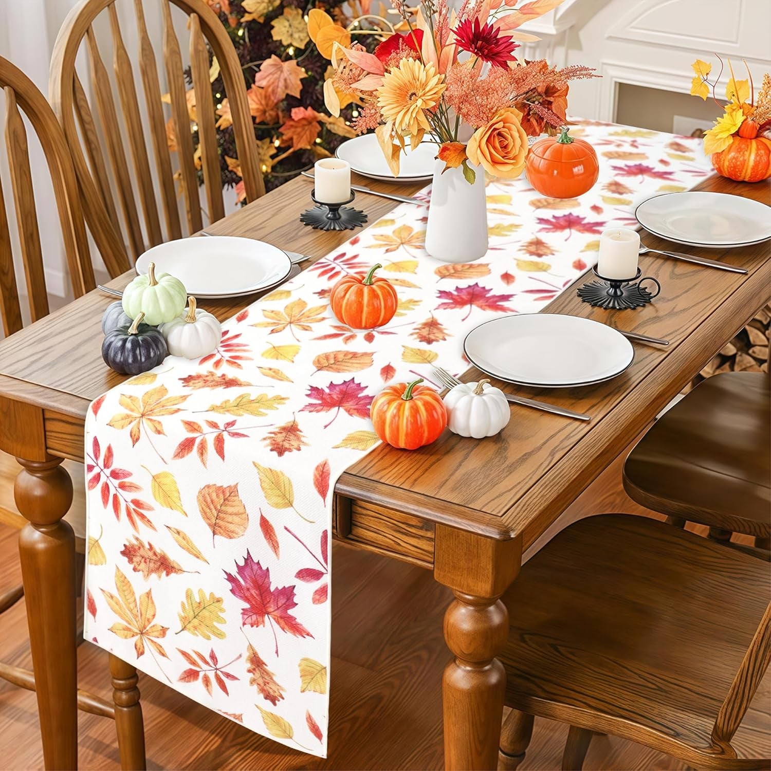 Fall Table Runner for Kitchen Dining Table, Thanksgiving Autumn Printed Harvest Pumpkins Maple Leaves Textured Fabric Halloween Holiday Home Decorations, Water-Proof, Washable, 13" W X 36" L