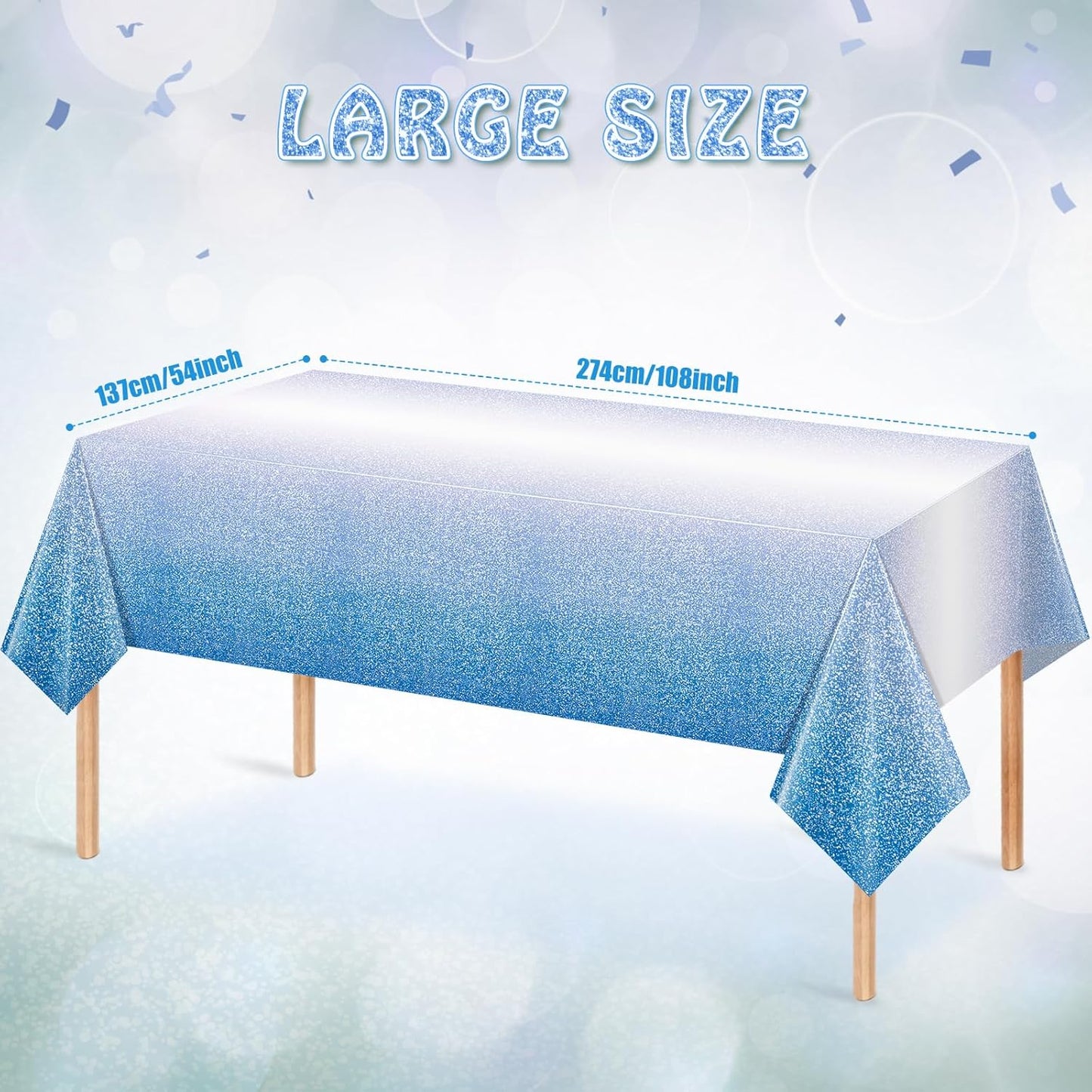 1 Pack Ombre Blue Plastic Tablecloth for Parties, Gradient Pastel Blue Disposable Tablecloths for Rectangle Tables, Sprinkle Table Cover for Wedding Birthday Anniversary Party, 54 X 108Inch