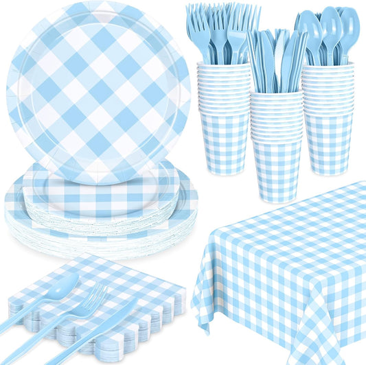 176 PCS Light Blue Gingham round Plates and Napkins, Blue Checkered Disposable Plates Set with Napkins Cups Plastic Spoons Forks Knives for Dinner Birthday Baby Shower Wedding Supplies Serve 25 Guests
