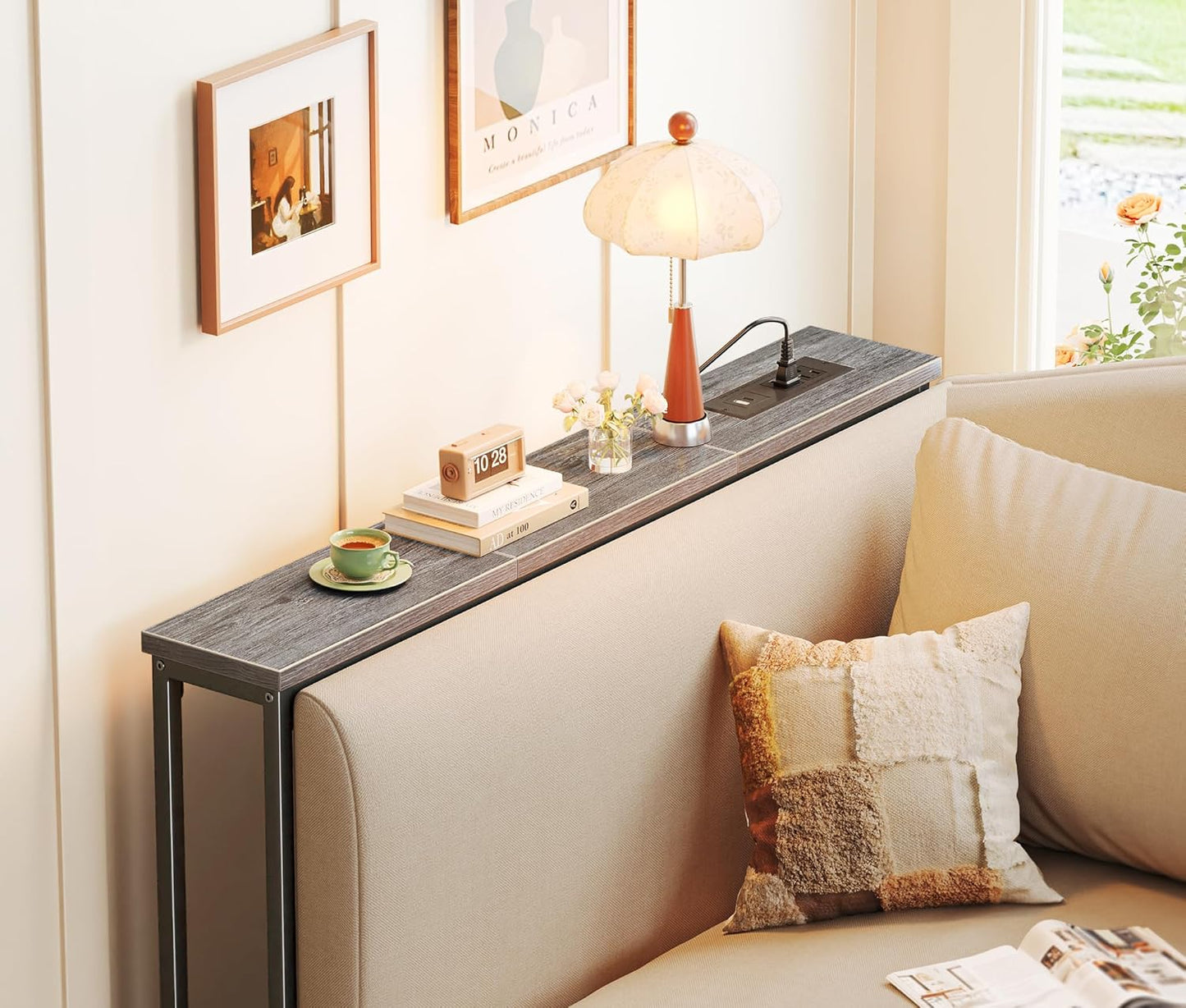 5.9-Inch Console Table with Integrated Charging Station, Sofa Table for Behind Couch, Metal Frame, Charcoal Grey Finish, Dimensions: 5.9 x 39.4 x 29.1 Inches
