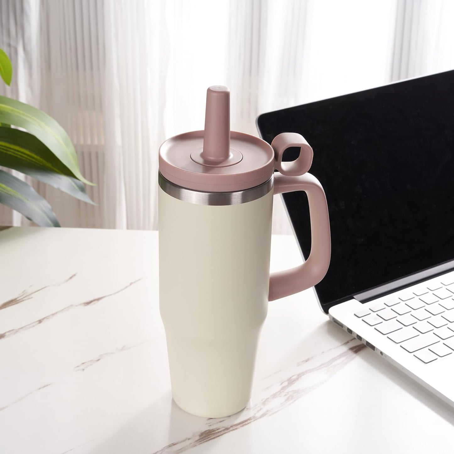 32Oz Water Bottle with Straw, Tumbler with Handle & Lid, Insulated Water Bottle with Straw Cover Cap, Travel Coffee Mug for Hot/Iced Water, Tea or Coffee, Bpa-Free, Cupholder Friendly, Khaki