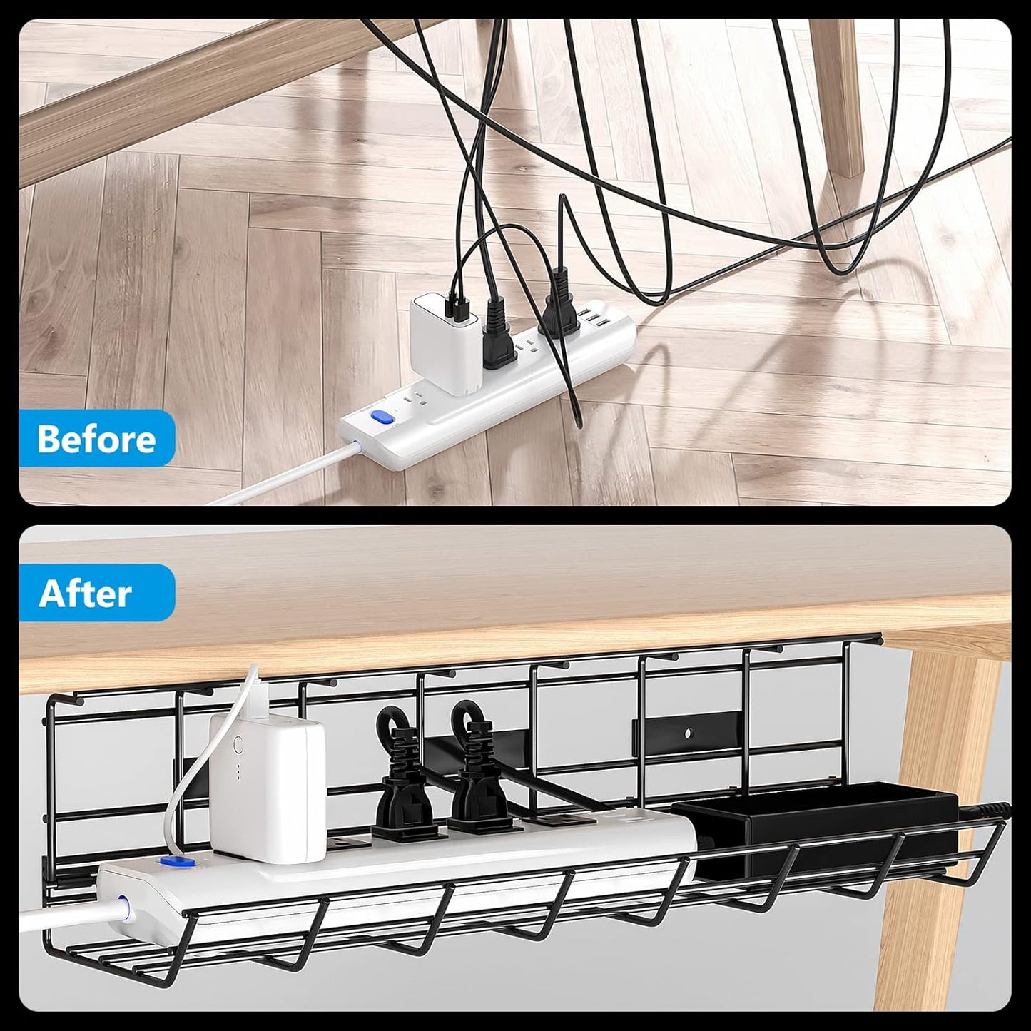 2 Pack  under Desk Cable Management Tray, Metal Cord Cable Organizer for Desk, Easy Install Pre-Drilled Wire Management Wire Organizer for Office & Home