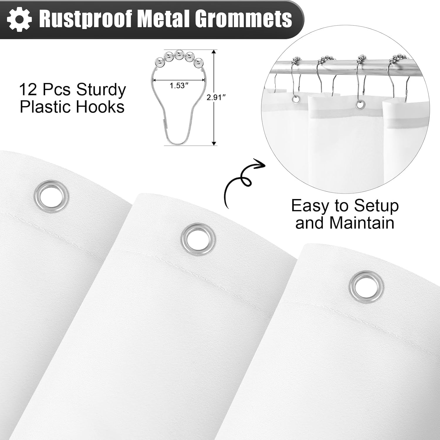 Luxury Black and Grey Ombre Shower Curtain Sets with 12 Hooks, Waterproof and Washable Decorative Shower Curtains for Bathroom, 72X72 Inches