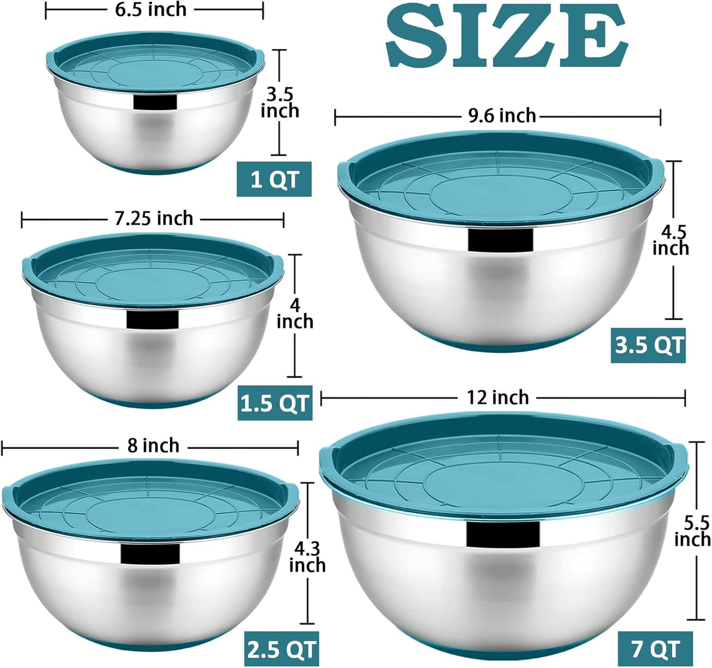 Mixing Bowls with Lids Set of 5, Stainless Steel Nesting Salad Bowl with Lid & Base for Non-Slip Mixing Prepping Storing Serving, 5 Sizes-7/3.5/2.5/1.5/1 QT, Blue