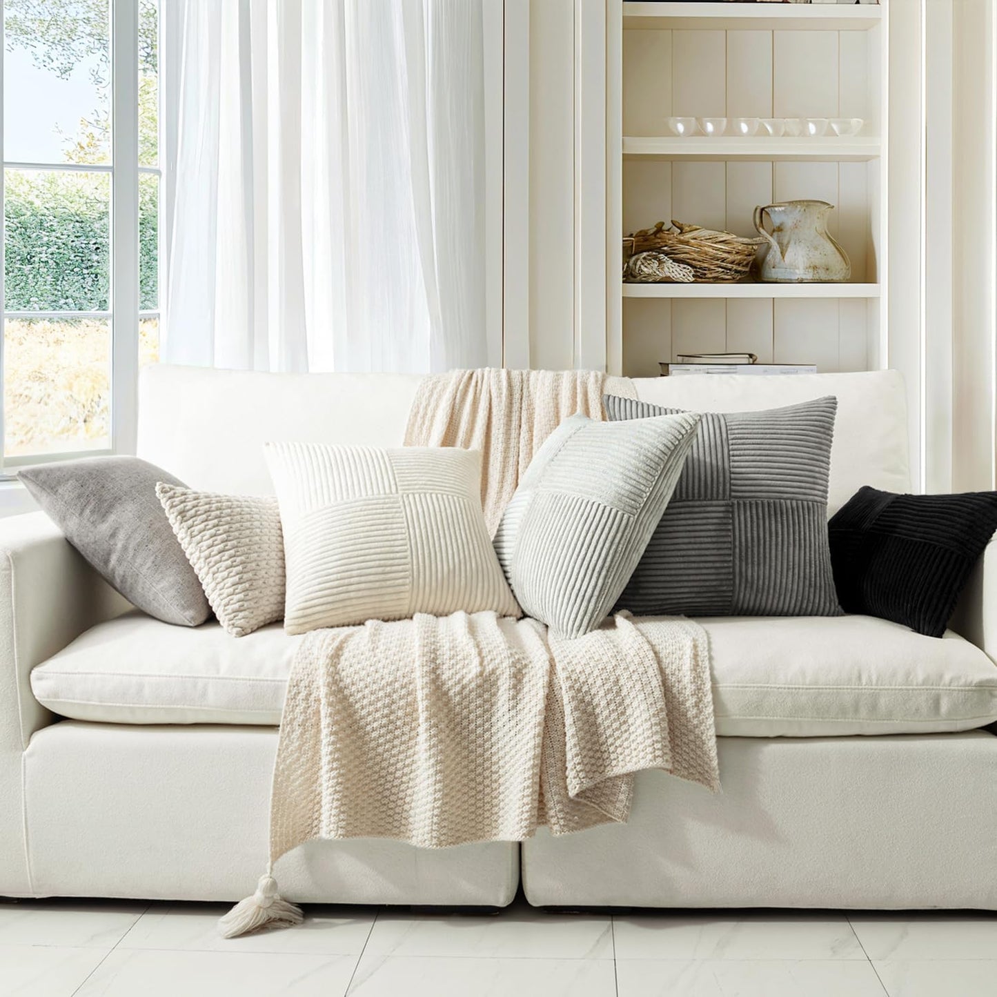 Black Corduroy Decorative Pillow Covers Set of 2, Bohemian Style Spliced Throw Pillowcases, Soft Solid Couch Cushion Covers with Cross Patchwork Texture for Living Room and Bedroom, 12x24 Inches