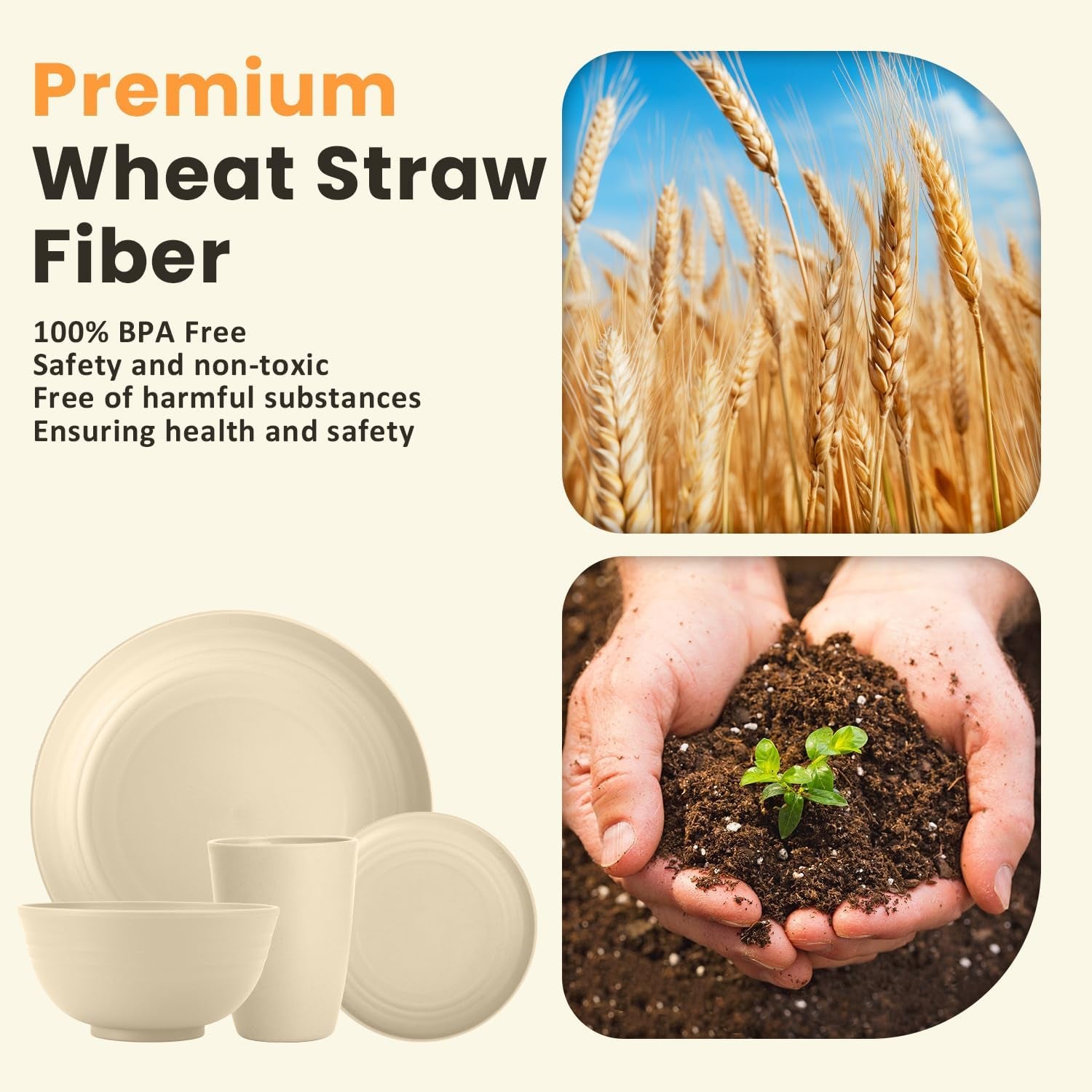 32-Piece Eco-Friendly Wheat Straw Dinnerware Set for 8 - Reusable Plates and Bowls, Suitable for Camping and Picnics, Microwave and Dishwasher Safe - Beige