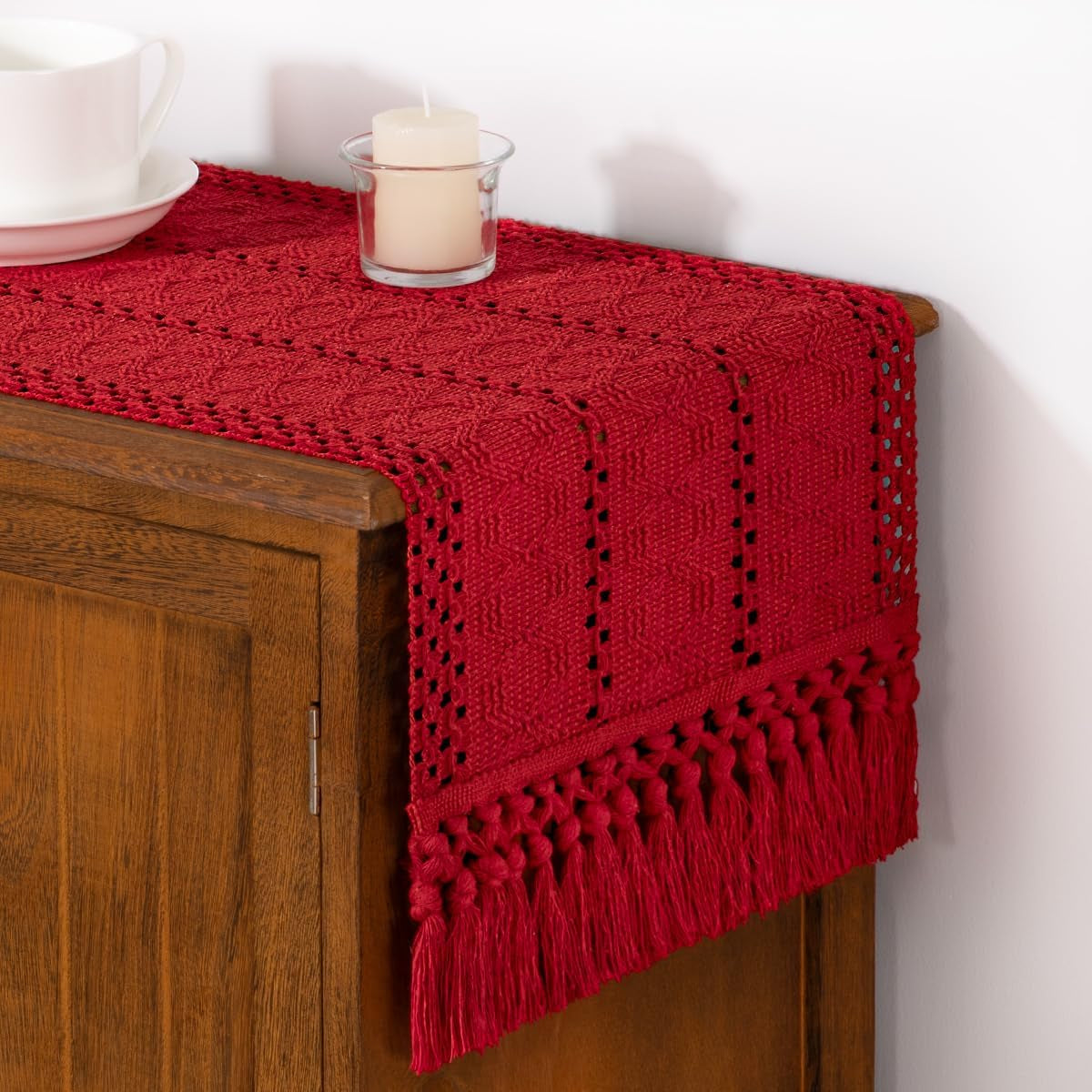 Boho Macrame Table Runner Fall Farmhouse Woven Small Table Runner with Tassels 36 Inches Red Cotton Linen Kitchen Table Centerpiece for Dining Dresser Home Tea Table Decor