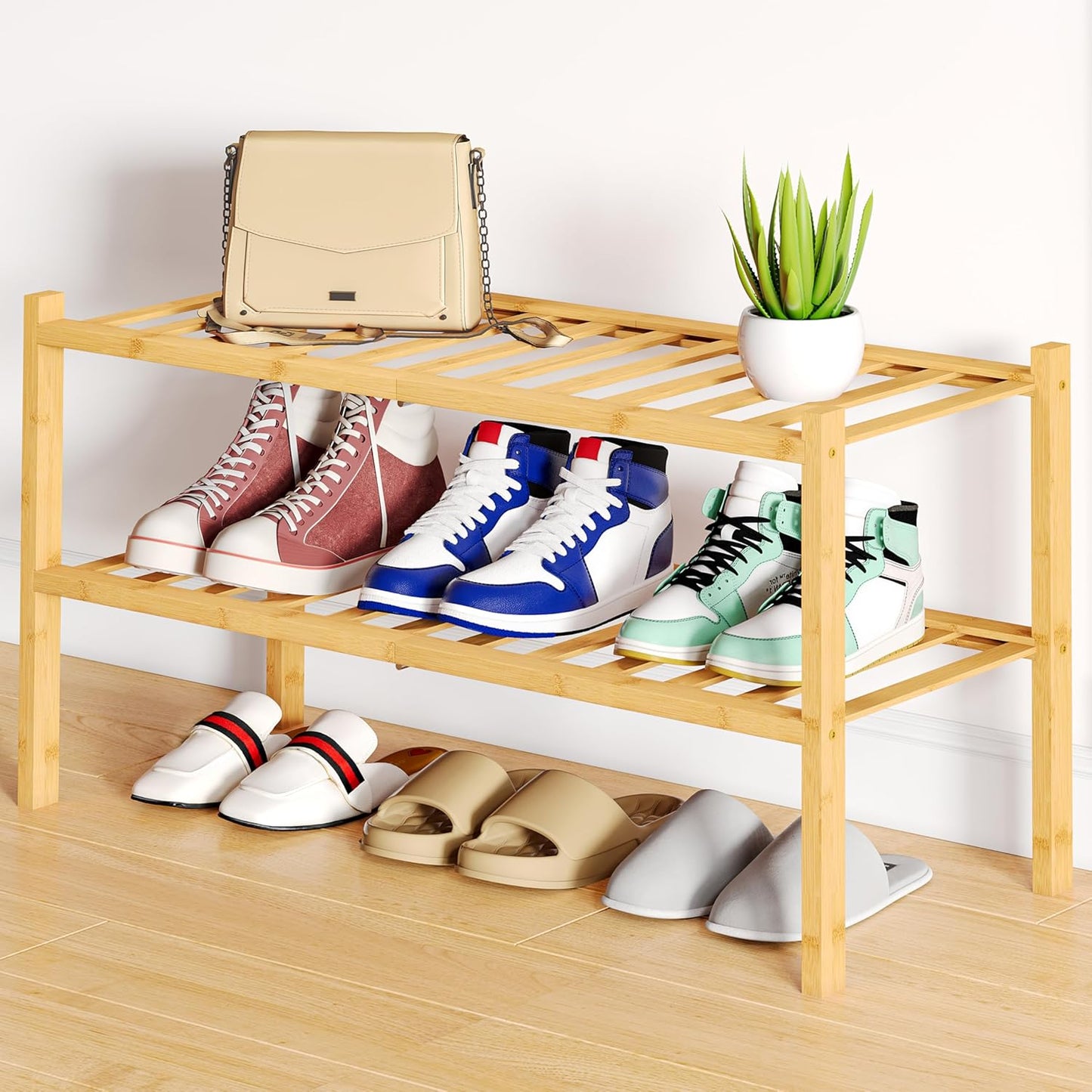 Shoe Rack, 2 Tier Bamboo Shoe Organizer, Stackable Free Standing Wooden Shoe Storage Shelf for Closet, Entryway, Front Door Entrance, Natural