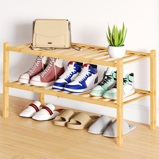 Shoe Rack, 2 Tier Bamboo Shoe Organizer, Stackable Free Standing Wooden Shoe Storage Shelf for Closet, Entryway, Front Door Entrance, Natural