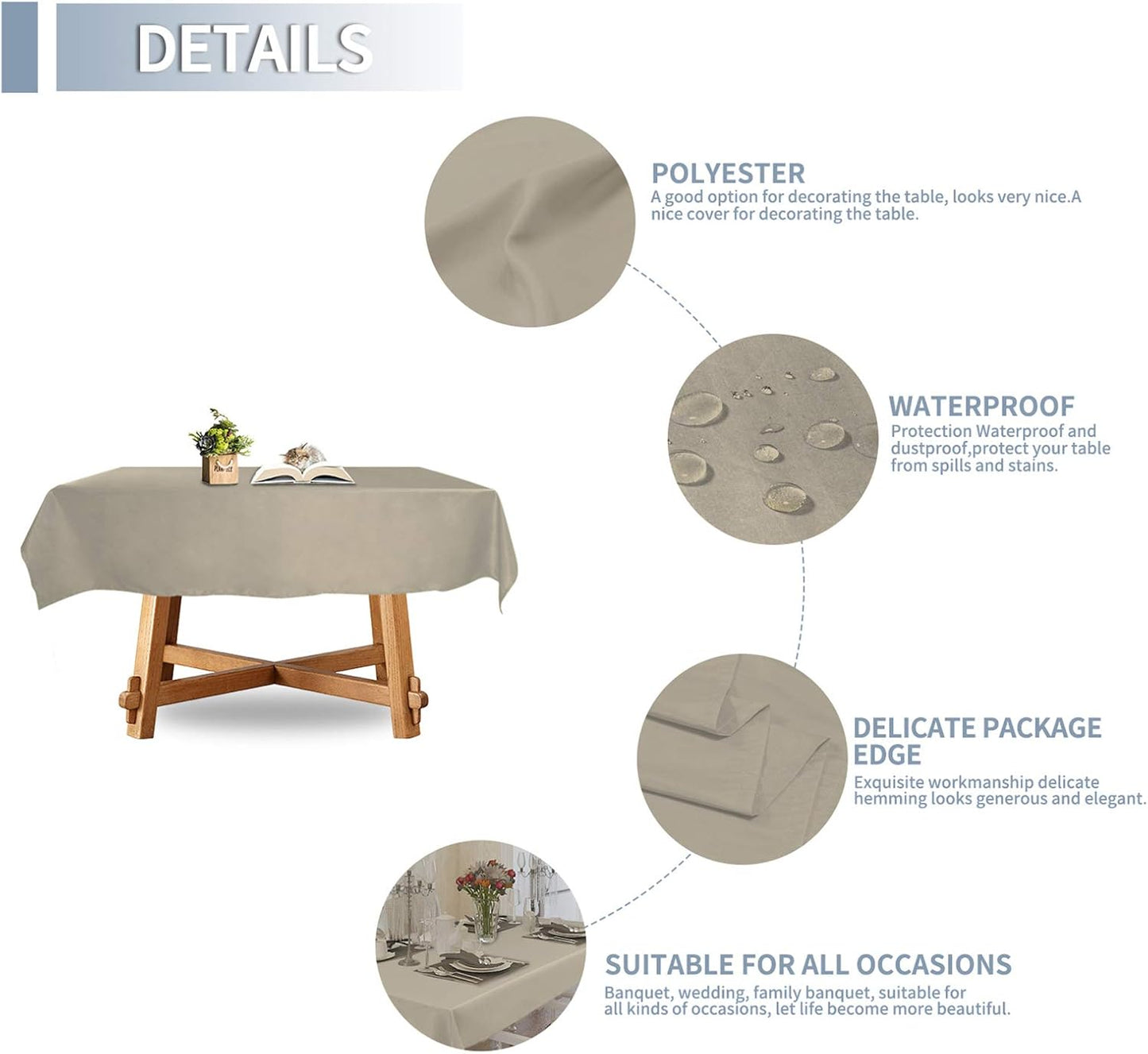 Rectangle Waterproof Tablecloths 60 X102 Inch Beige Spillproof Fabric Tablecloth, Decorative Fabric Table Cover, Great for Buffet Table, Parties, Holiday Dinner, Wedding & More