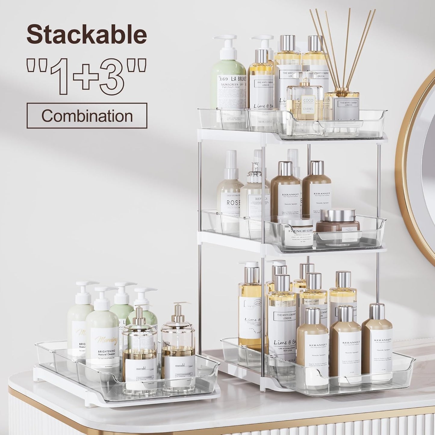 2 Sets of 2-Tier Multi-Purpose Bathroom under Sink Organizers and Storage, Stackable Kitchen Pantry Organization, Pull Out Medicine Cabinet Organizer with 8 Movable Dividers
