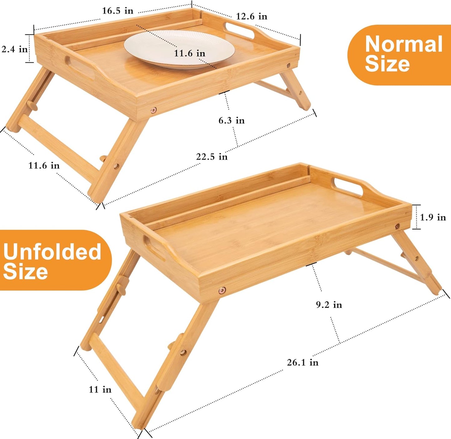 2 Pack Bed Tray Table with Handles Folding Legs, Bamboo Breakfast Food Tray with Media Slot, Use as Platter, Laptop Desk, Snack, TV Tray Kitchen Serving Tray(Natural)