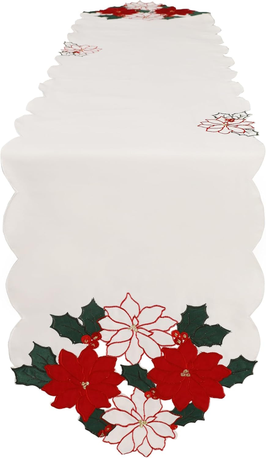 Christmas White Table Runner 13X70 Inches Long, Embroidered Red Poinsettia Flower Christmas Runner for Table, Xmas Dresser Scarves Holiday Parties Kitchen Farmhouse Dinner Decor
