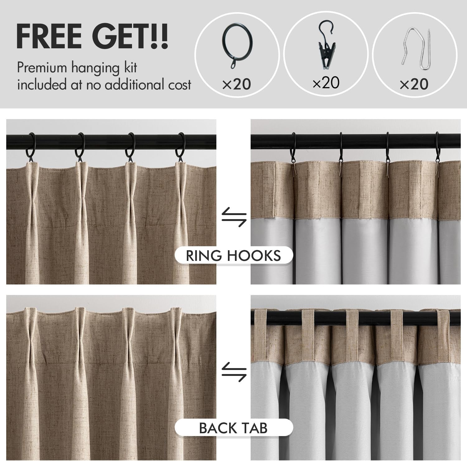 Copper Brown 100% Blackout Linen Pinch Pleated Curtains - Room Darkening Drapes for Bedroom and Living Room, 84 Inches Long, Set of 2 Panels with Pin Hooks