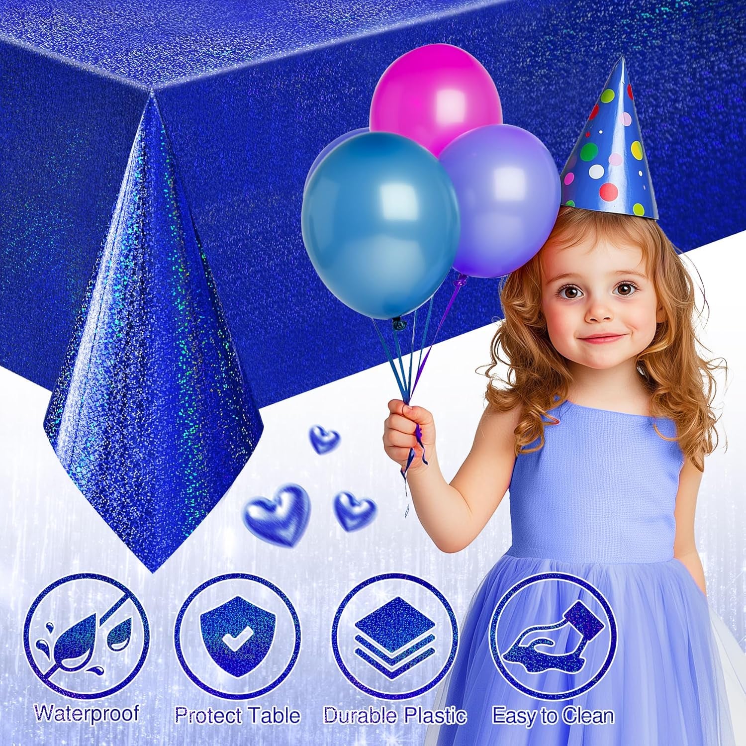 Royal Blue Holographic Foil Tablecloths - Set of 2, 54x72 Durable Table Covers for Elegant Events, Perfect for Parties, Weddings, and Showers