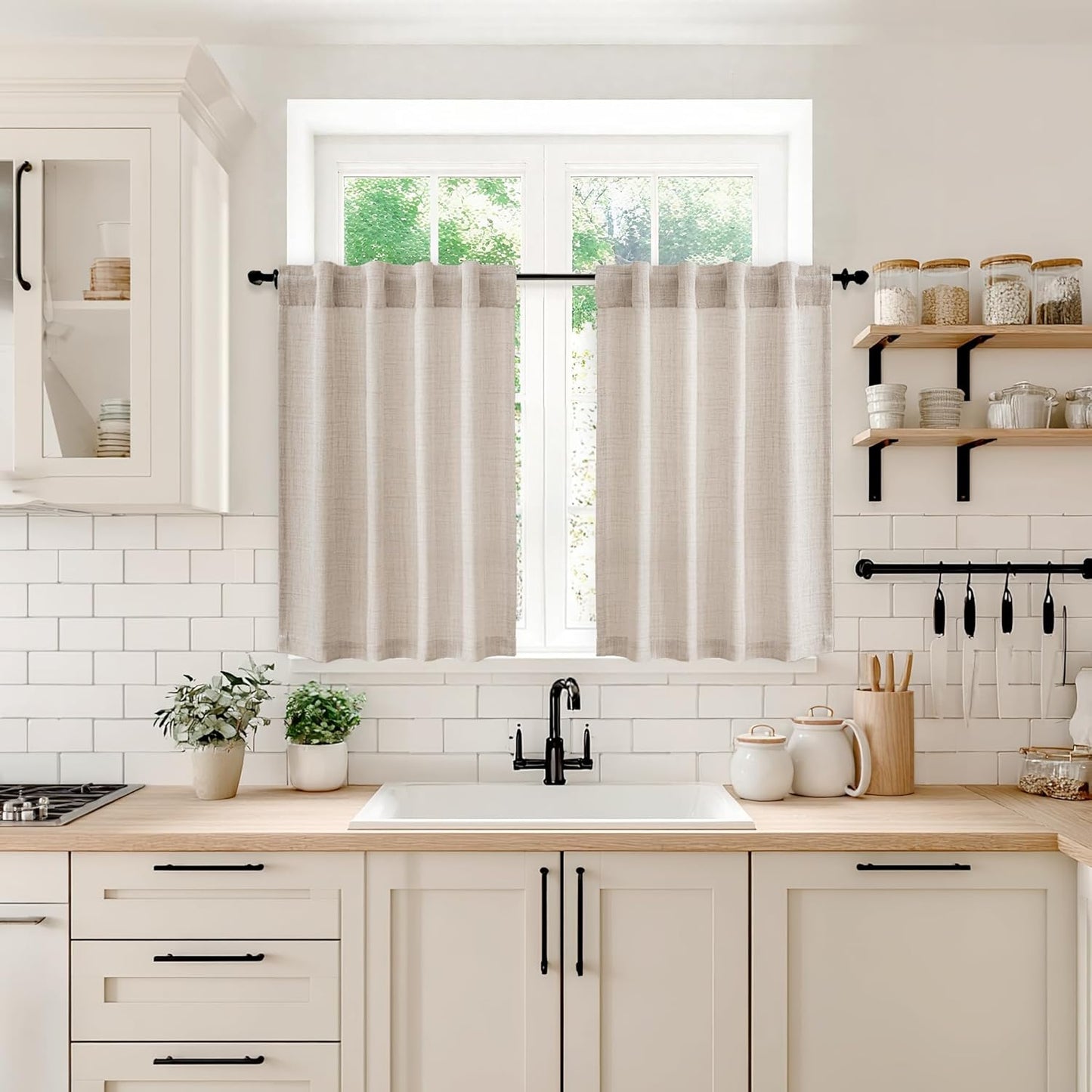 Linen Textured Small Kitchen Window Curtains over Sink, Semi Sheer Farmhouse Cafe Curtain 36 Inch Long Short Back Tab Half Window Curtains for Bathroom Basement 2 Panels
