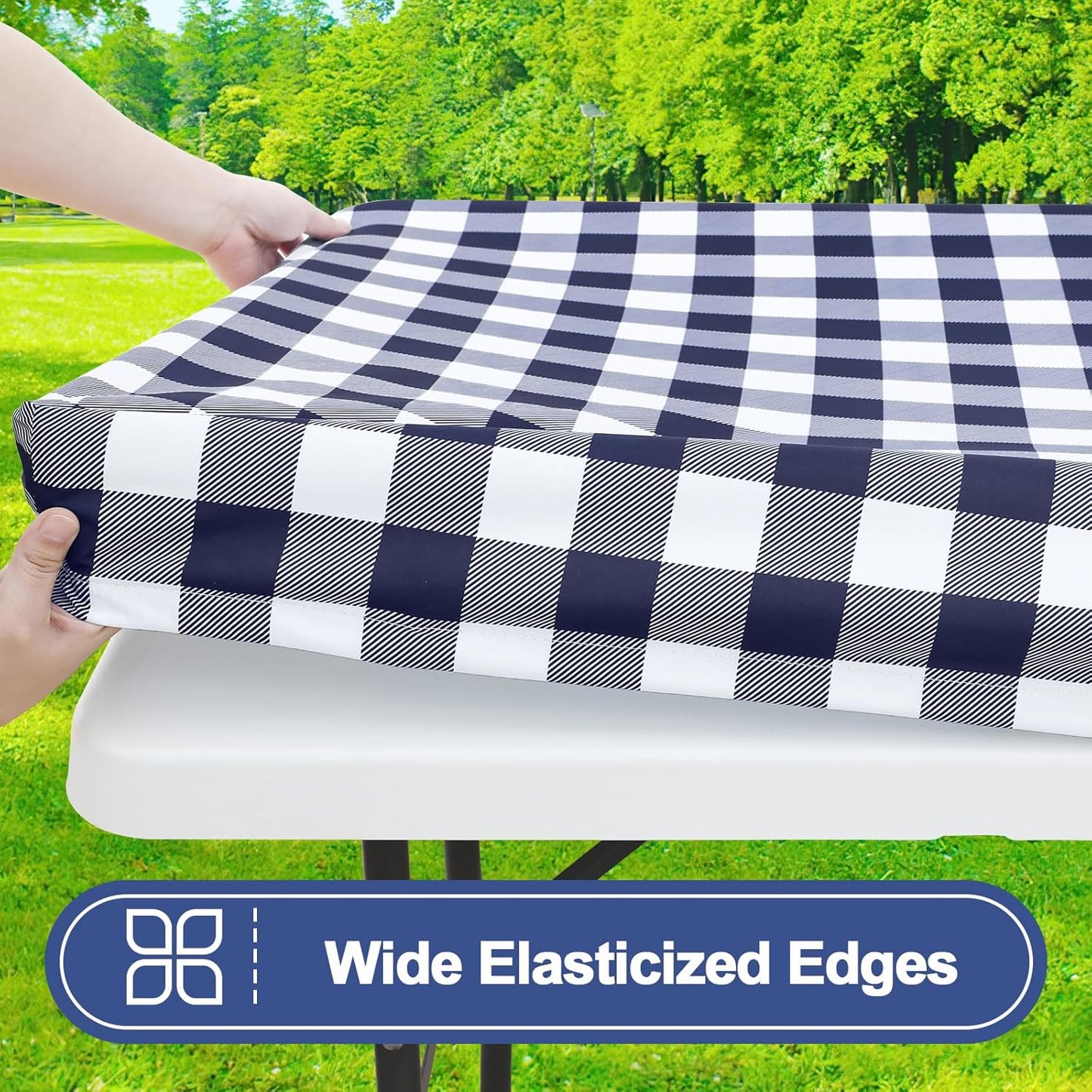 Picnic Table Cloth 2 Pack, Waterproof Elastic Fitted Tablecloths for 6FT Rectangle Tables, Washable Polyester Buffalo Plaid Tablecloth for Camping, Dining & Outdoor (Navy & White, 30" X 72")