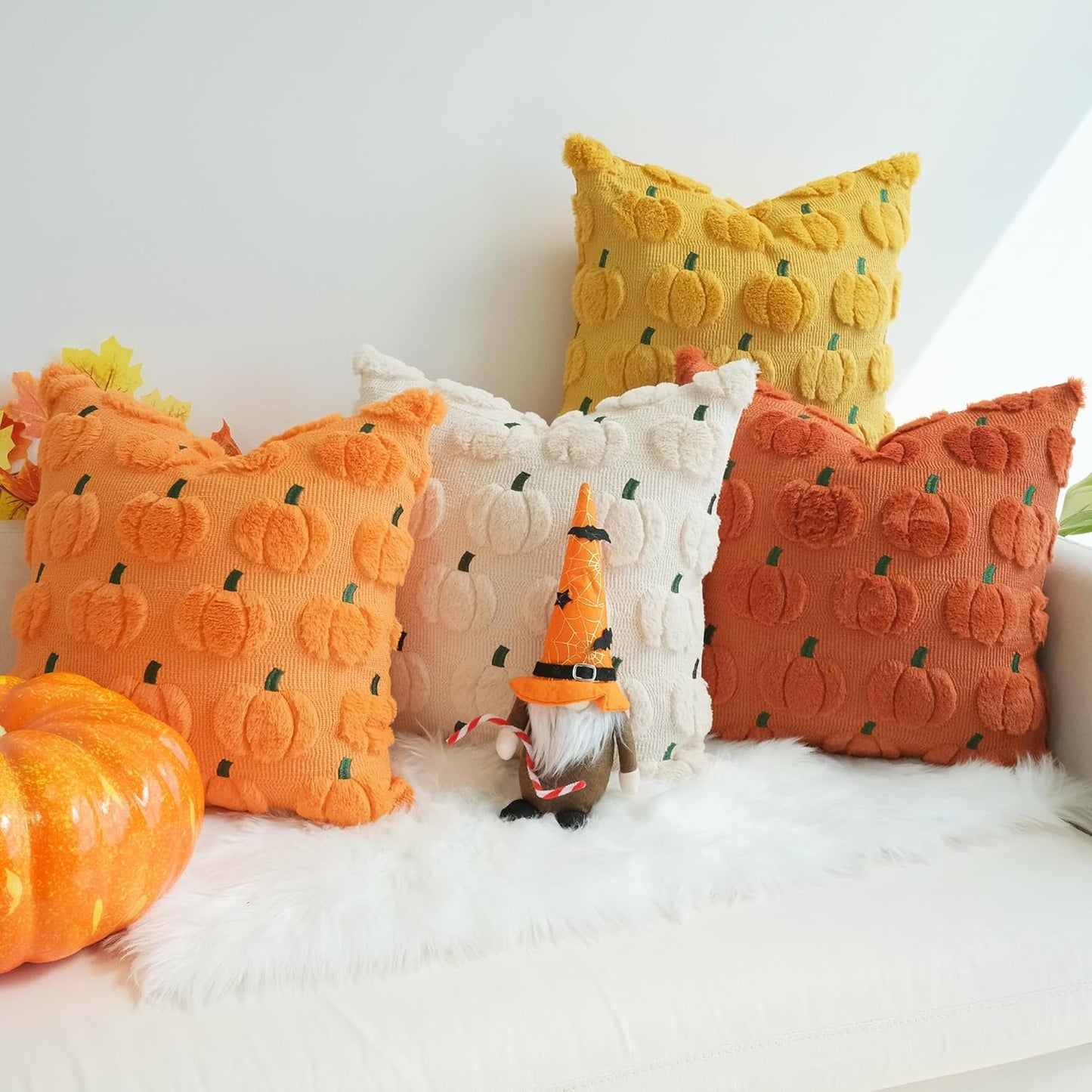 Fall Pillow Covers Pack of 4 Pumpkin Throw Pillowcases Faux Fur Couch Cushion Orange 18 X 18 Inch