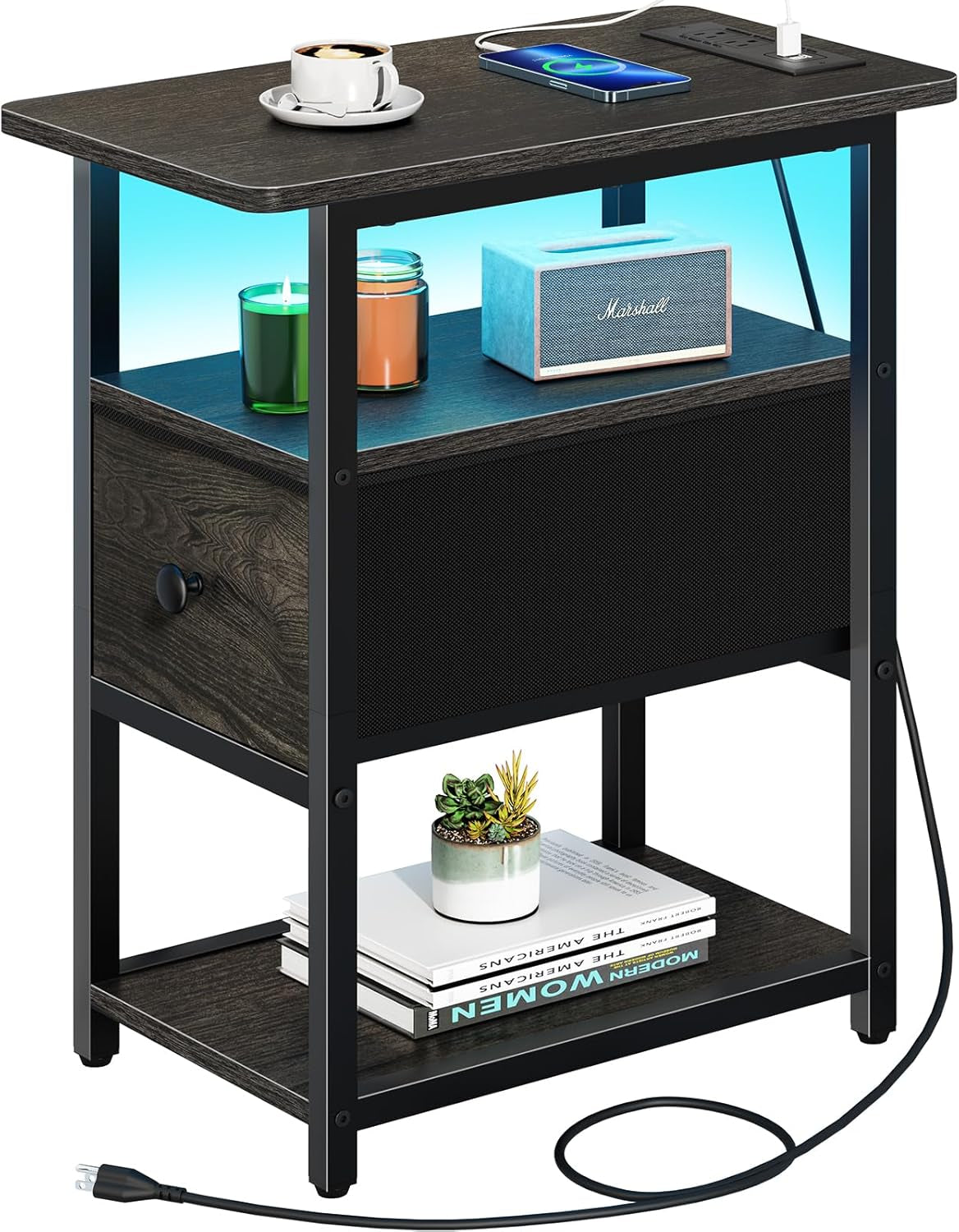End Table with Charging Station, Narrow Side Table with Adjustable Fabric Drawer, 3-Tier End Tables Living Room, Small Nightstand with Outlets, LED Skinny Night Stand for Bedroom Small Spaces