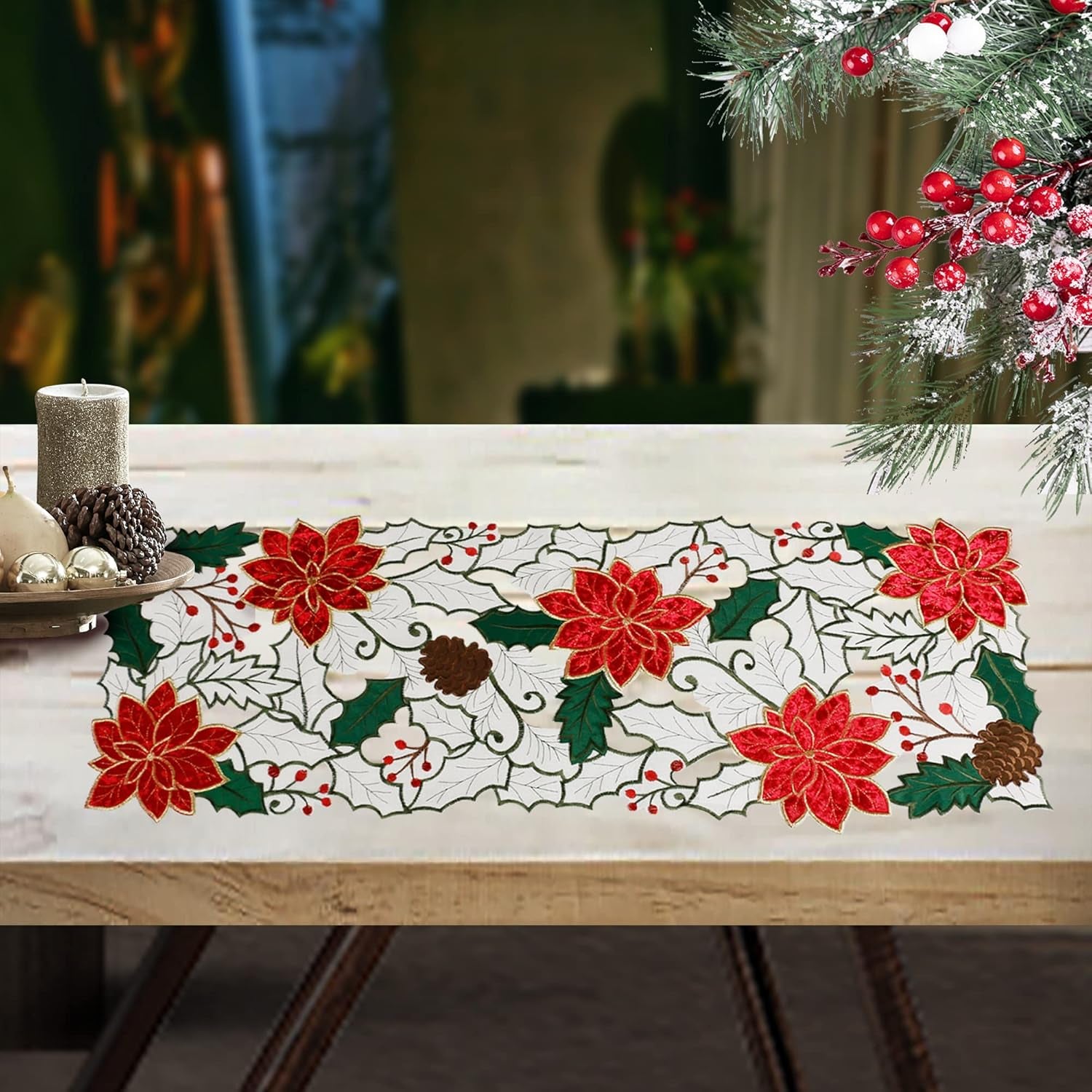Christmas Table Runner, Embroidered Red Poinsettia Short Table Runner 36 Inches, White Textured Fabric Runner with Applique Velvet Flower for Dining Table, Holiday Table Decoration