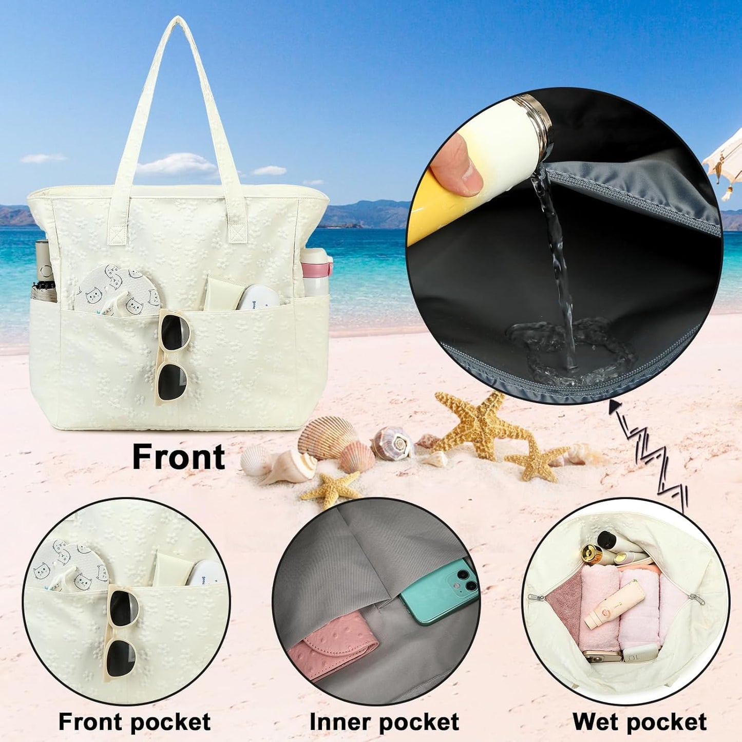 Waterproof Beach Tote Pool Bags for Women Ladies Extra Large Gym Tote Carry on Bag with Wet Compartment for Weekender Travel