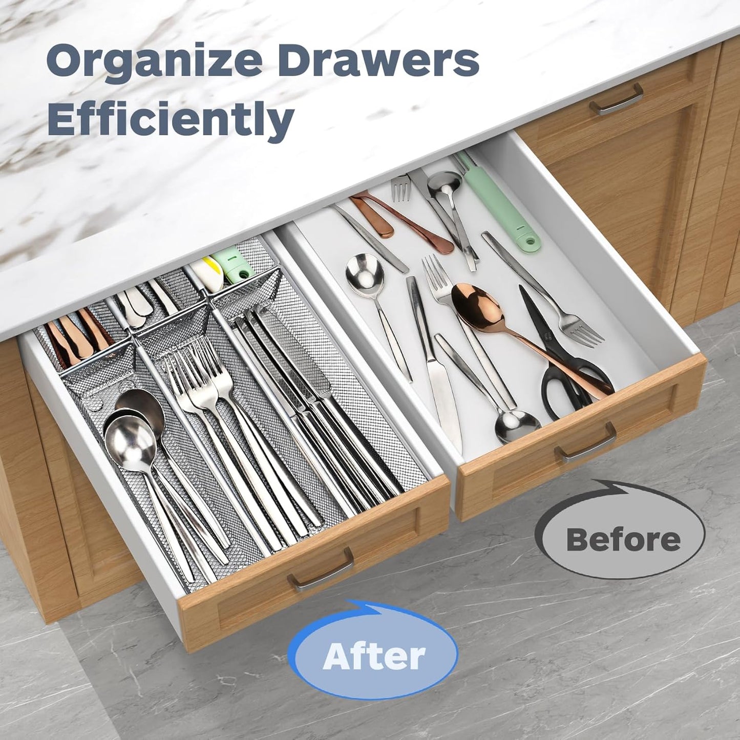 Silverware Drawer Organizer Set, 6-Piece Cutlery and Utensil Organizer with Interlocking Arm, Grey (9.6 x 3 x 2 Inches)