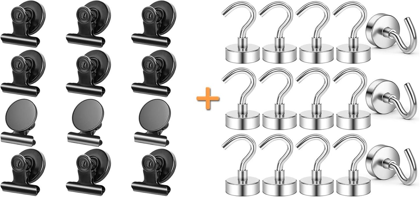 12Pack Fridge Magnets Refrigerator Magnets Magnetic Clips, 15Pack 25LBS Magnetic Hooks Heavy Duty Neodymium Magnet Hooks