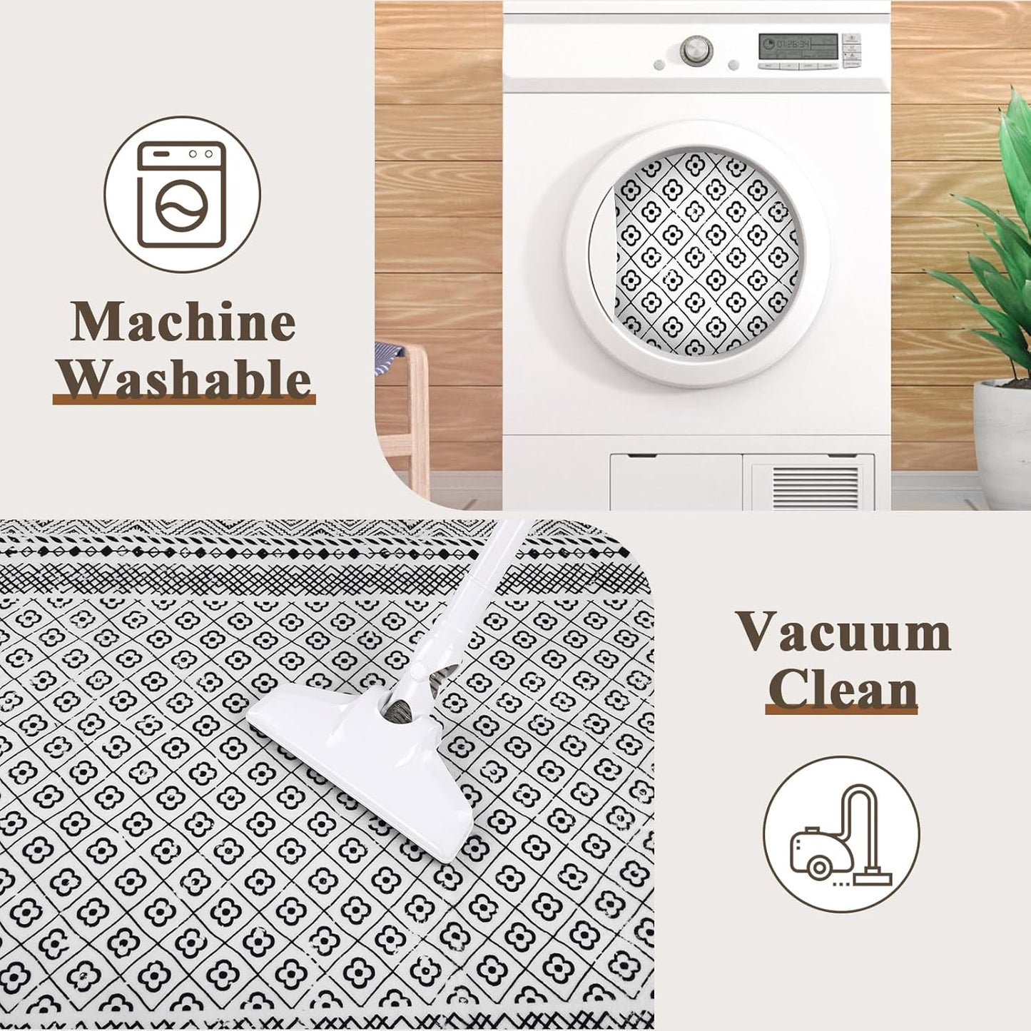2X3 Washable Rug Non Slip, Soft Low Pile Front Door Mat Indoor Entrance, Black and White Area Rug Moroccan Indoor Door Mats for Entryway Bedroom Kitchen