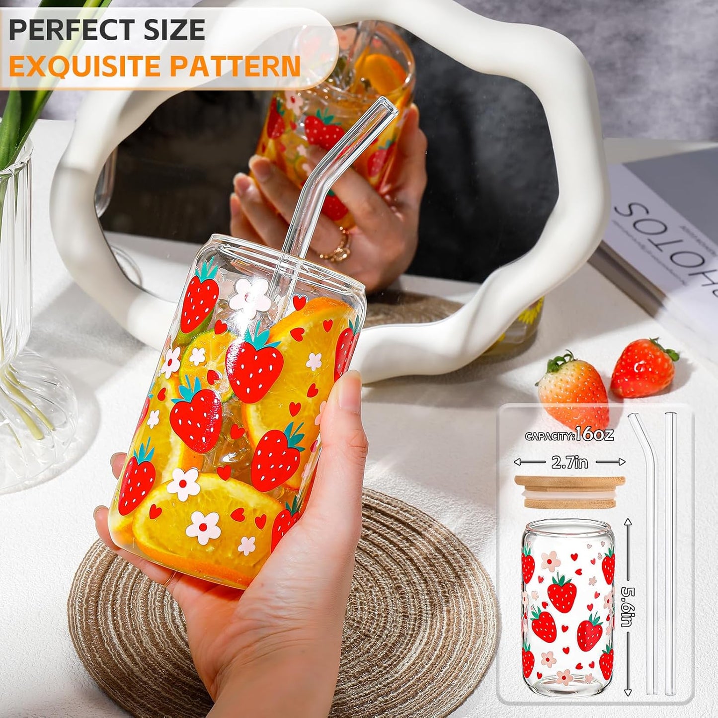 Glass Cups with Lids and Straws with Design Strawberry 4 Pcs,Clear Glass Cups 16 Oz-Dwts Drinking Glasses Set,Glass Tumbler,Cute Design Glass Iced Coffee Cups with Lids and Straws