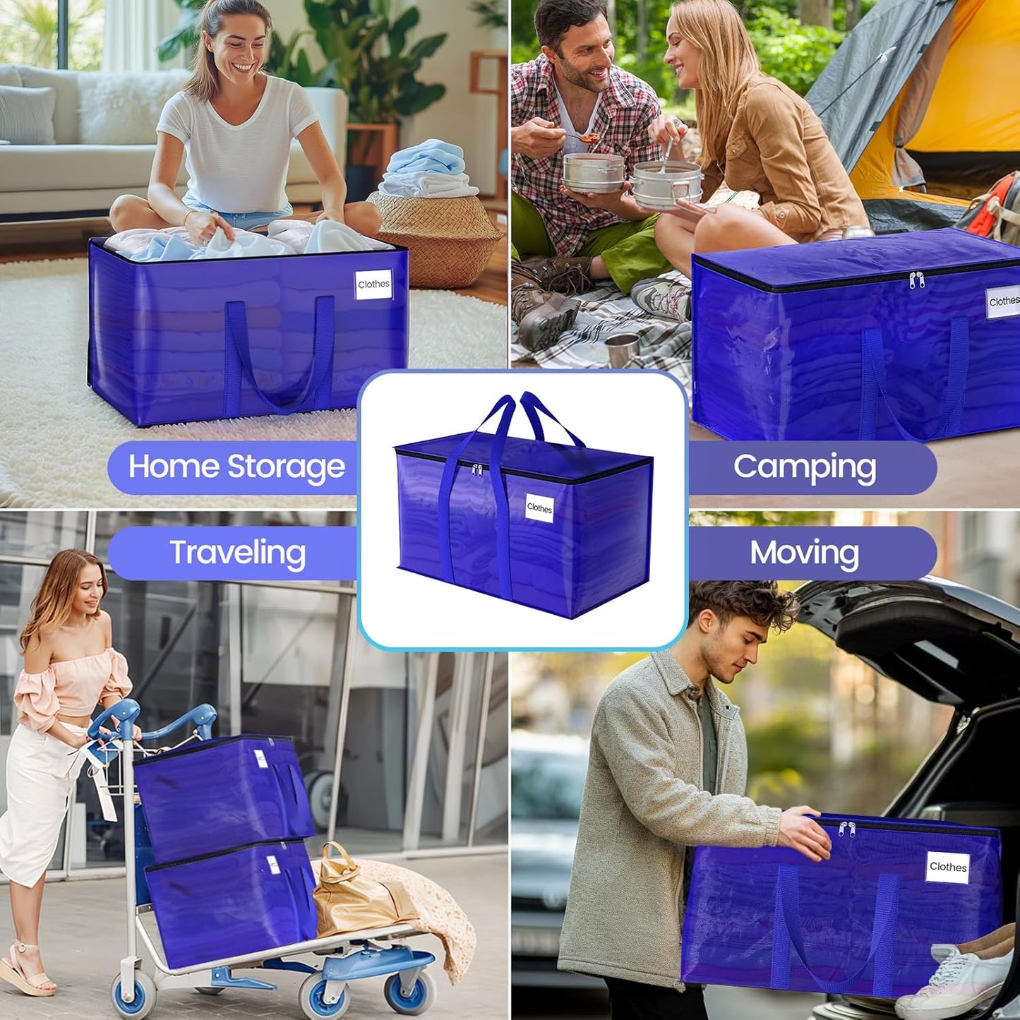 Moving Storage Bags, Moving Supplies Packing Boxes for Moving, Camping, College Dorm Room Essentials for Girls, Blue Tote Bags, Heavy-Duty Storage Bins with Lids and Zippers, 93L 8Pack