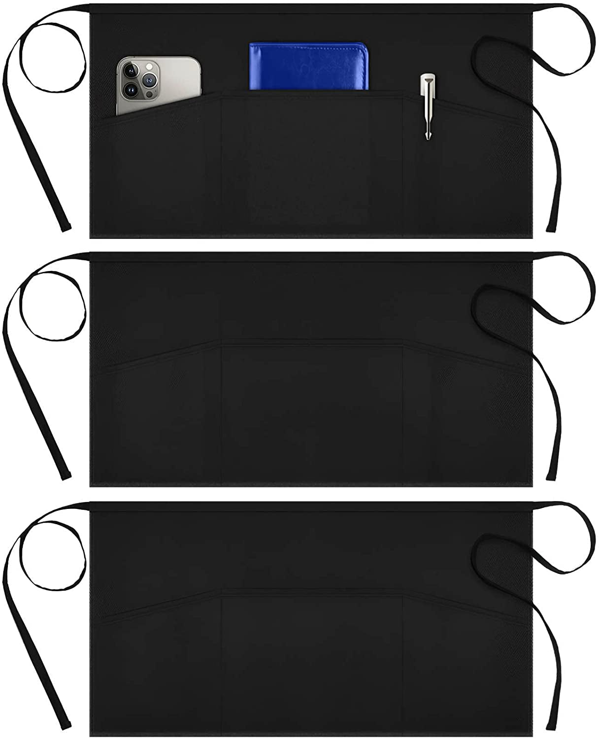 3 Pack Server Aprons with 3 Pockets, Waterdrop Resistant Waitress Waiter Waist Apron, 11.5-Inch Black