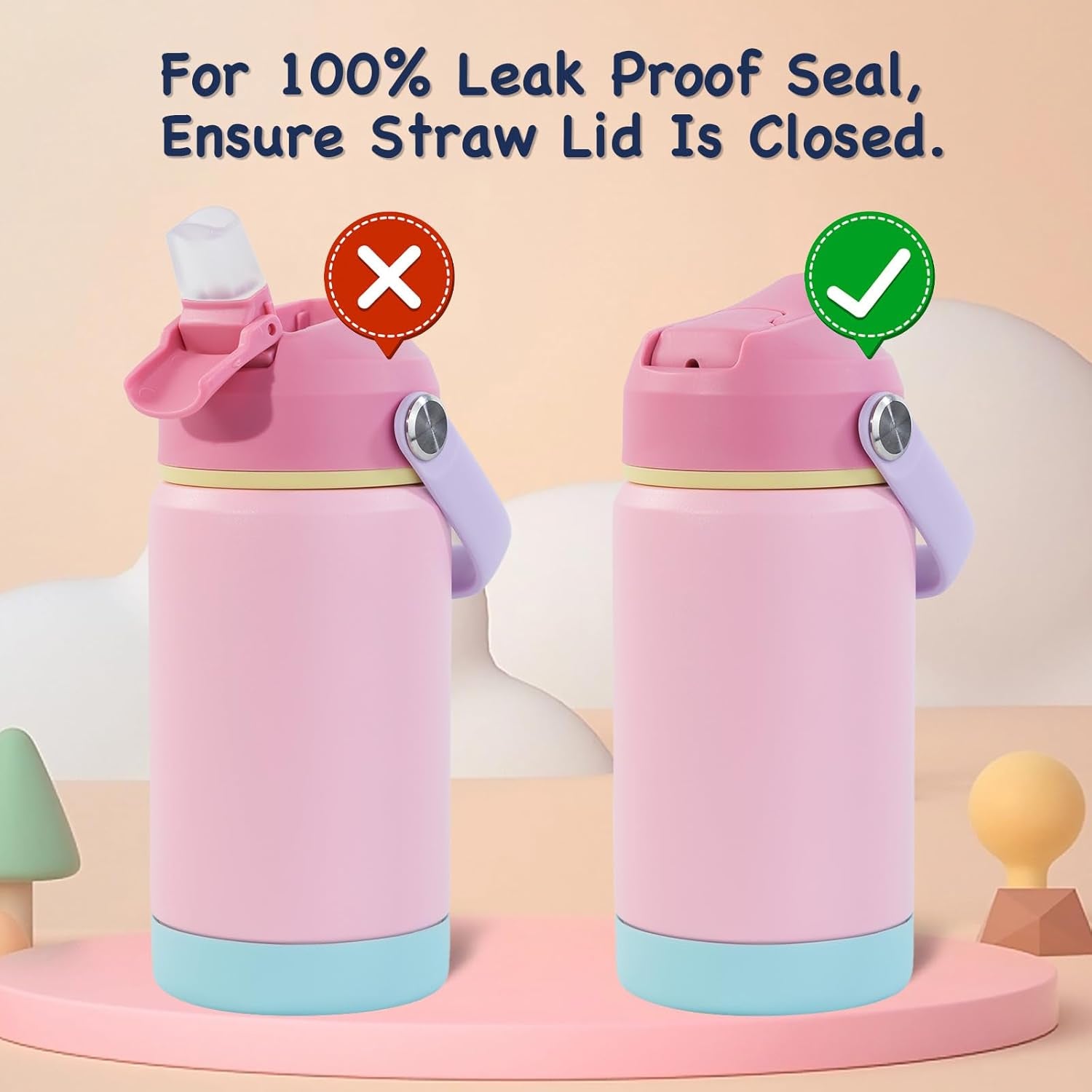 Kids Water Bottle, Stainless Steel Insulated Water Bottle for Kids, School, Boys Girls - Toddler Cup with Straws, Leak-Proof, BPA Free, Pink, 12 Oz