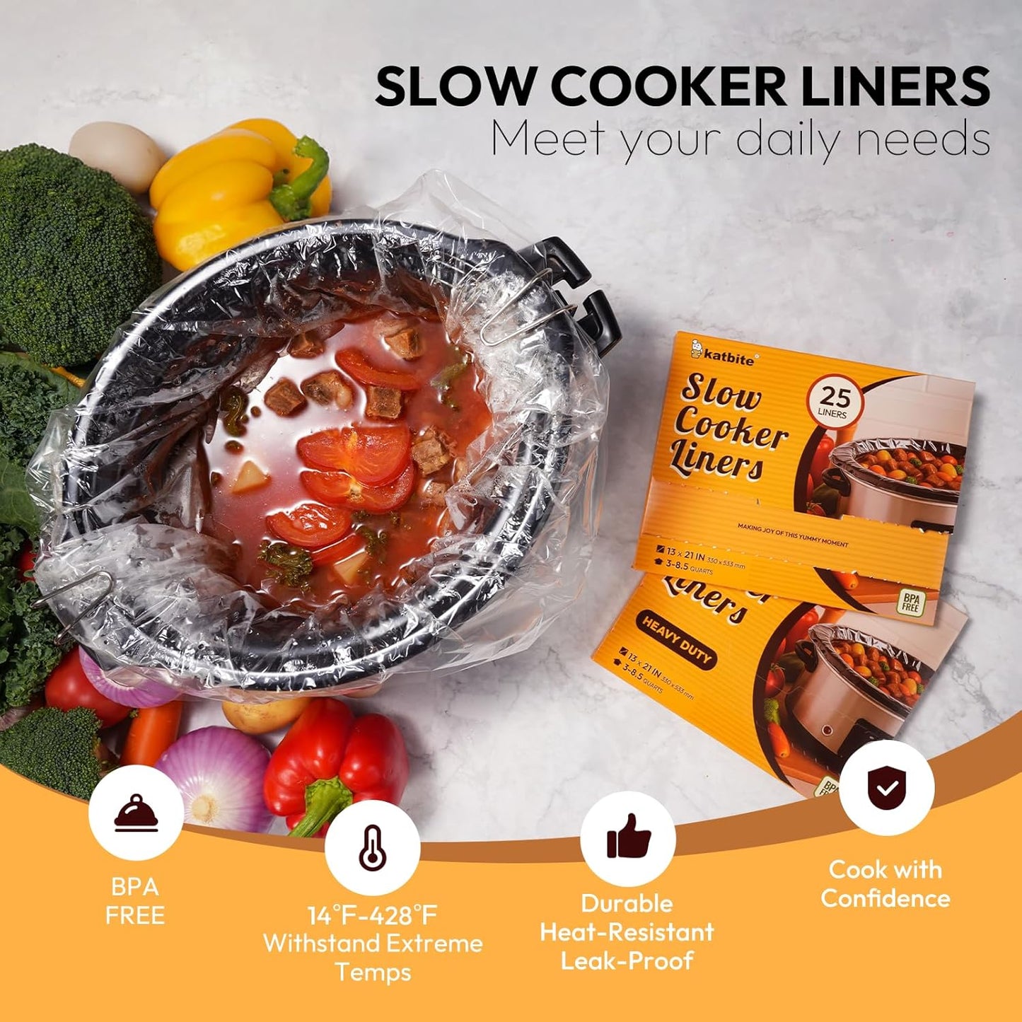 Crock Pot Liners, Heavy Duty Pop-Up Slow Cooker Liners, 13" X 21" Large Size Disposable Cooking Bags, Regular (Fits 3-8.5 Quarts) Suitable for Oval & round & Retangular Crock Pot, 25 Count