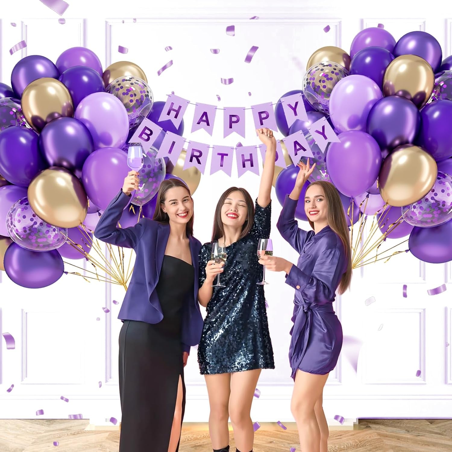 60Pcs Purple and Gold Balloons 12Inch with Dark Purple Metallic Gold Confetti Latex Balloons for Graduation Wedding Baby Shower Birthday Party Decorations