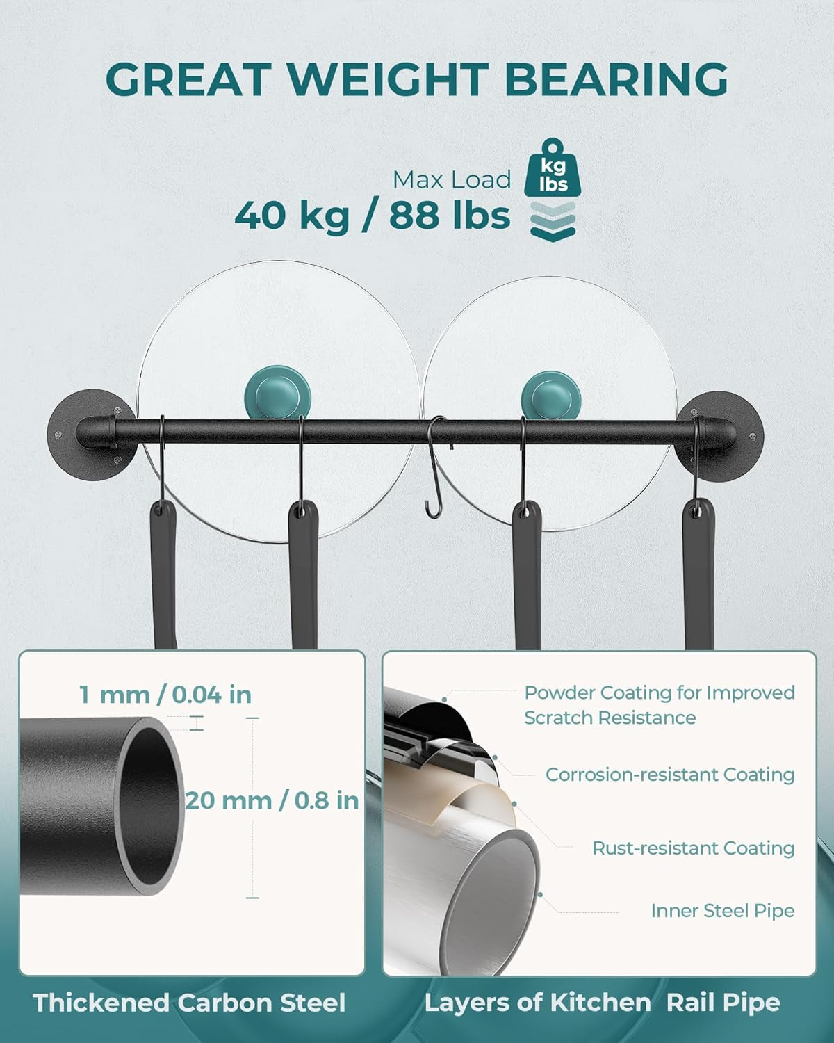 Wall Mounted Pot Pan Rack 21'' Set of 2, Industrial Utensils Wall Hanger Iron Pipe Kitchen Hanging Rail with 10 S Hooks