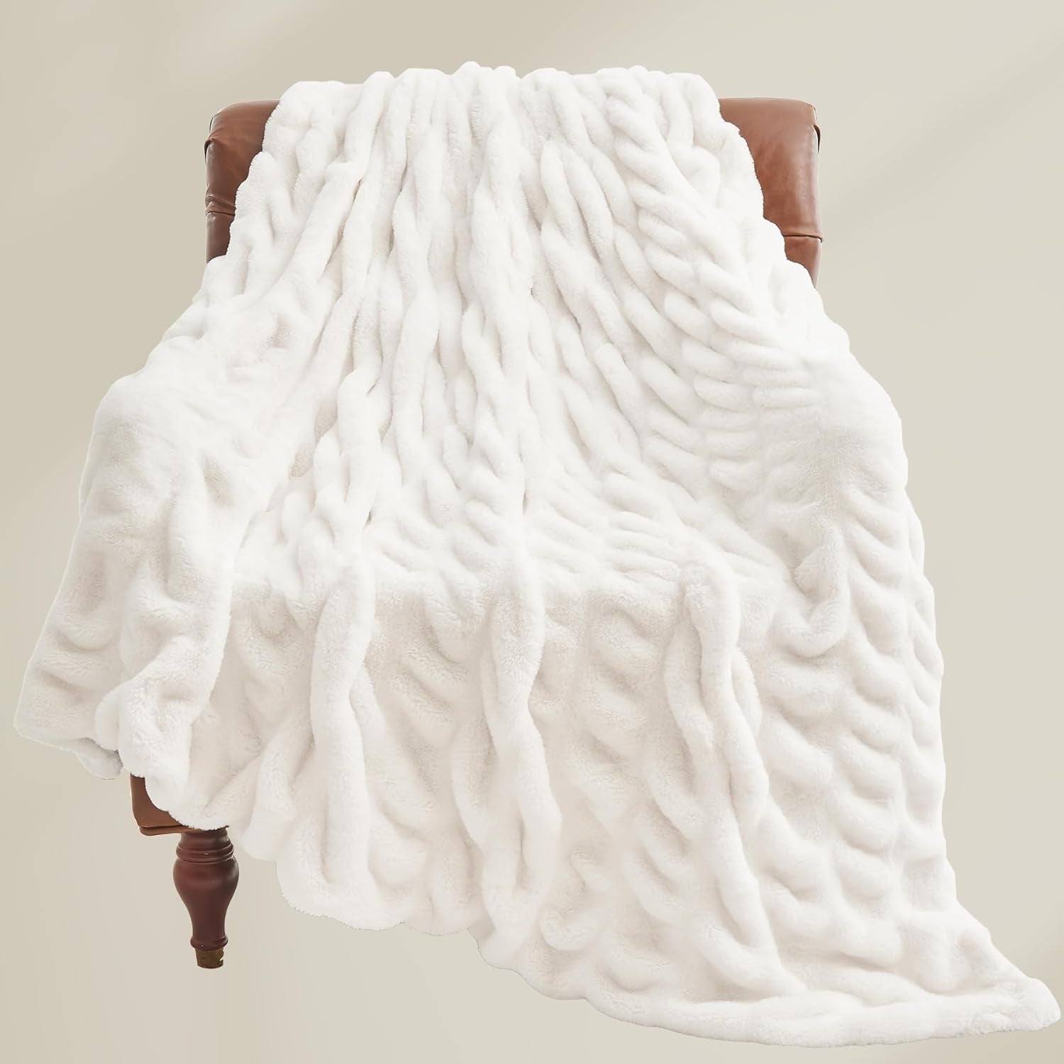 Faux Fur Throw Blanket for Couch, Soft and Cozy Boho Ruched Fluffy Blanket, Warm Plush Fuzzy Faux Rabbit Fur Blanket for Women Gift (Cream, 50"X 60")