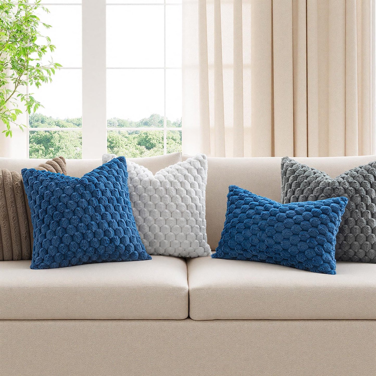 Navy Blue Faux Fur Decorative Throw Pillow Covers 18X18 Inch Set of 2 Super Soft Cozy Plush Cushion Cases Luxury Fluffy Pillowcases for Sofa Couch Bed Living Room