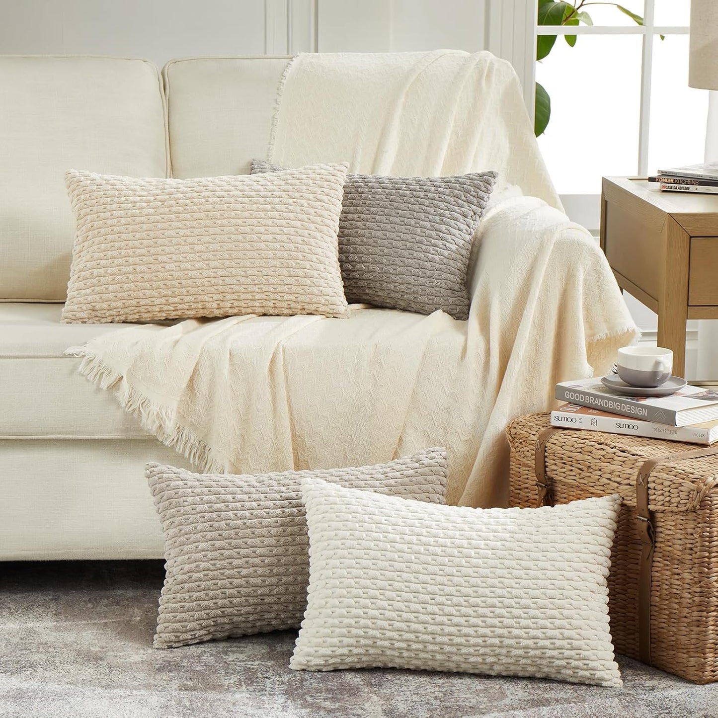 2 Packs Cream Decorative Throw Pillow Covers 12X20 Inch for Couch Bed Sofa, Modern Farmhouse Boho Home Decor, Soft Cute Plush Corduroy Cushion Case 30X50 CM