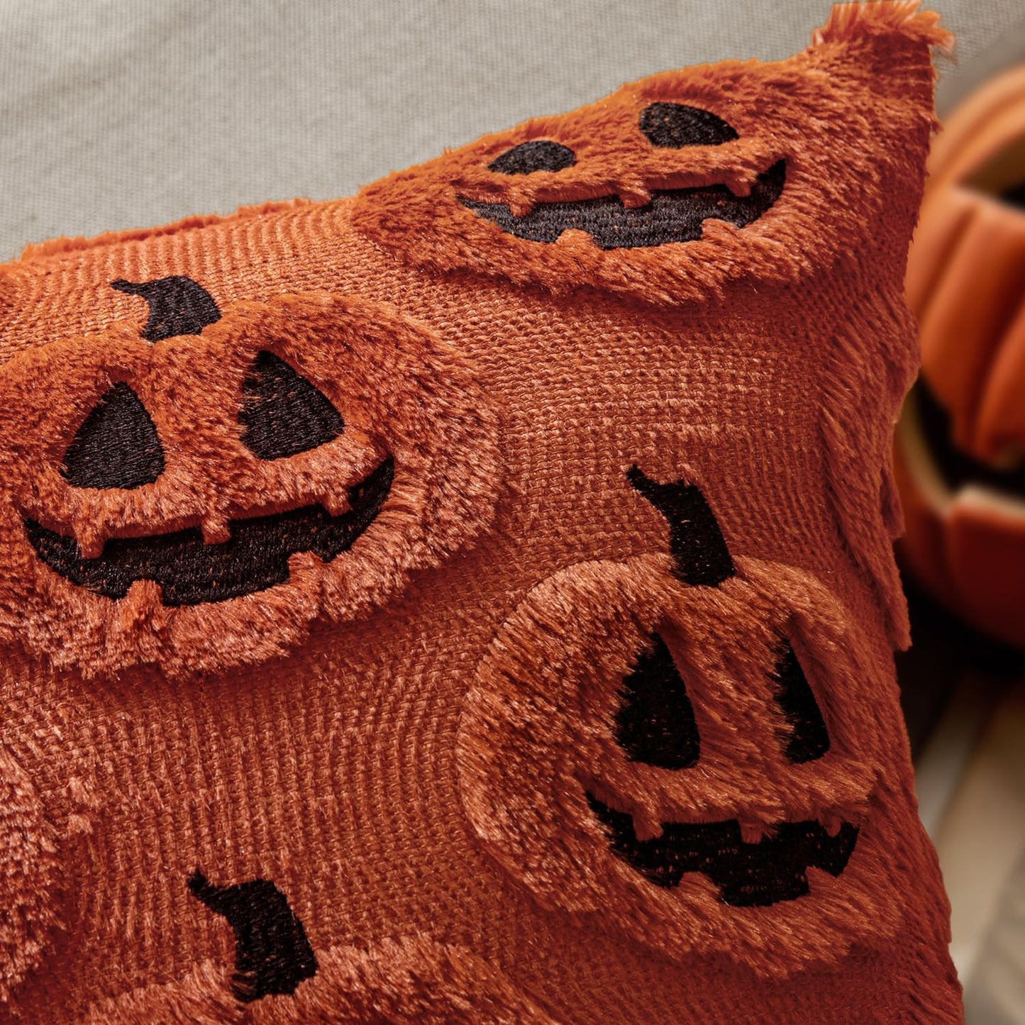 Fall Halloween Throw Pillow Covers 18X18 Decorative Pumpkin Pattern Pillowcases Soft Plush Faux Wool Cushions for Home Patio Sofa Couch,Dark Rust
