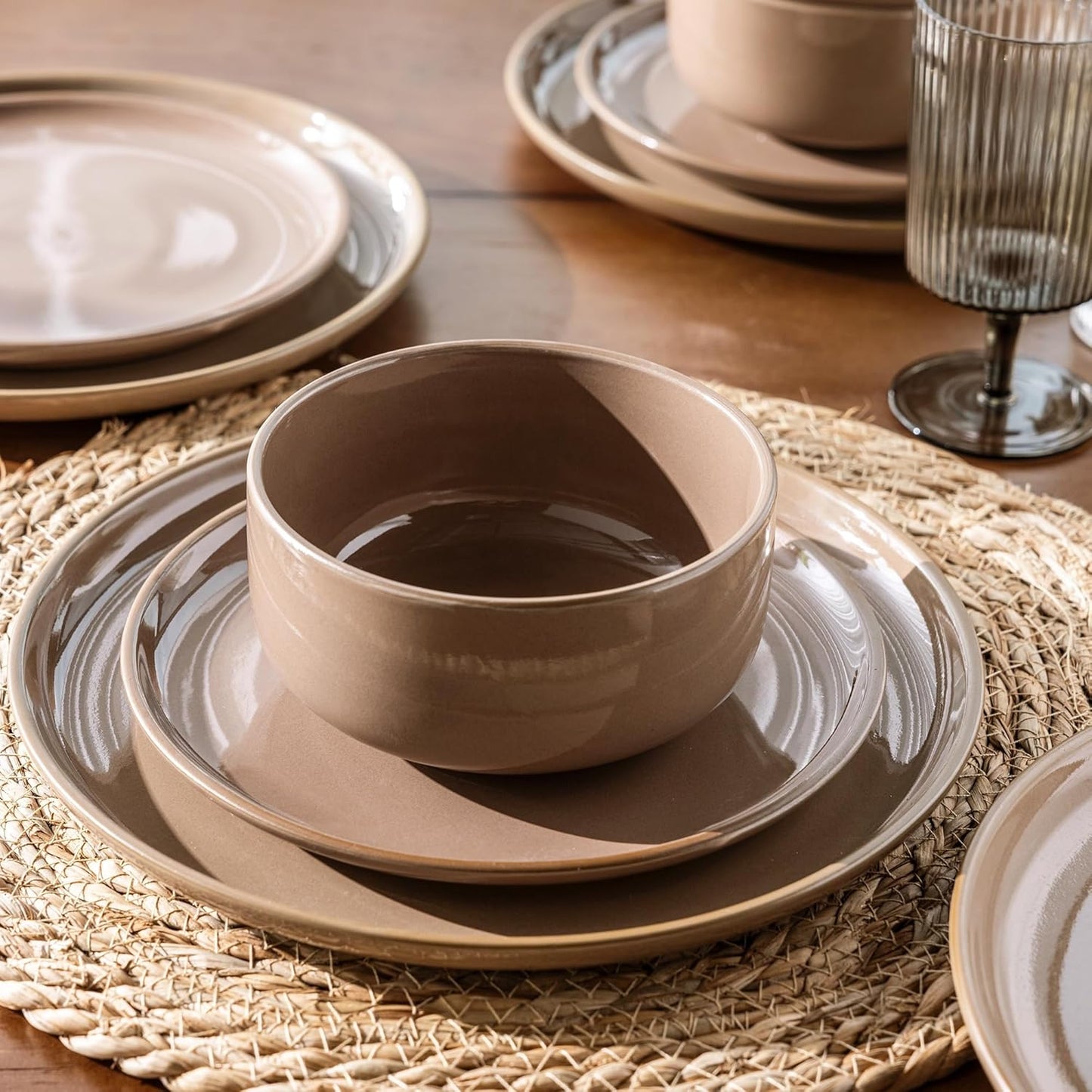 Ceramic Dinnerware Set for Four - 12-Piece Stoneware Plate and Bowl Collection with Reactive Glaze, Scratch Resistant, Dishwasher and Microwave Safe