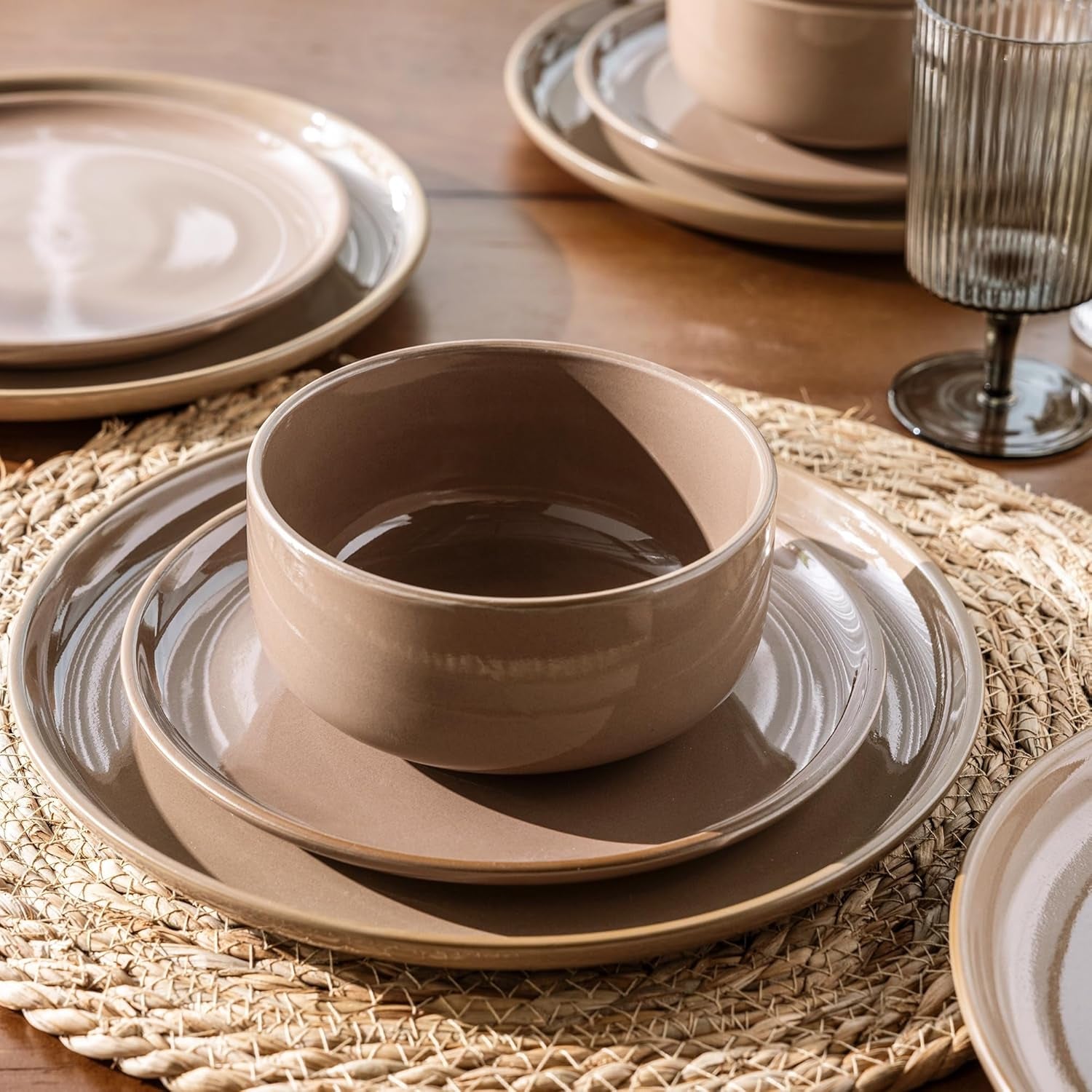 Ceramic Dinnerware Set for Four - 12-Piece Stoneware Plate and Bowl Collection with Reactive Glaze, Scratch Resistant, Dishwasher and Microwave Safe