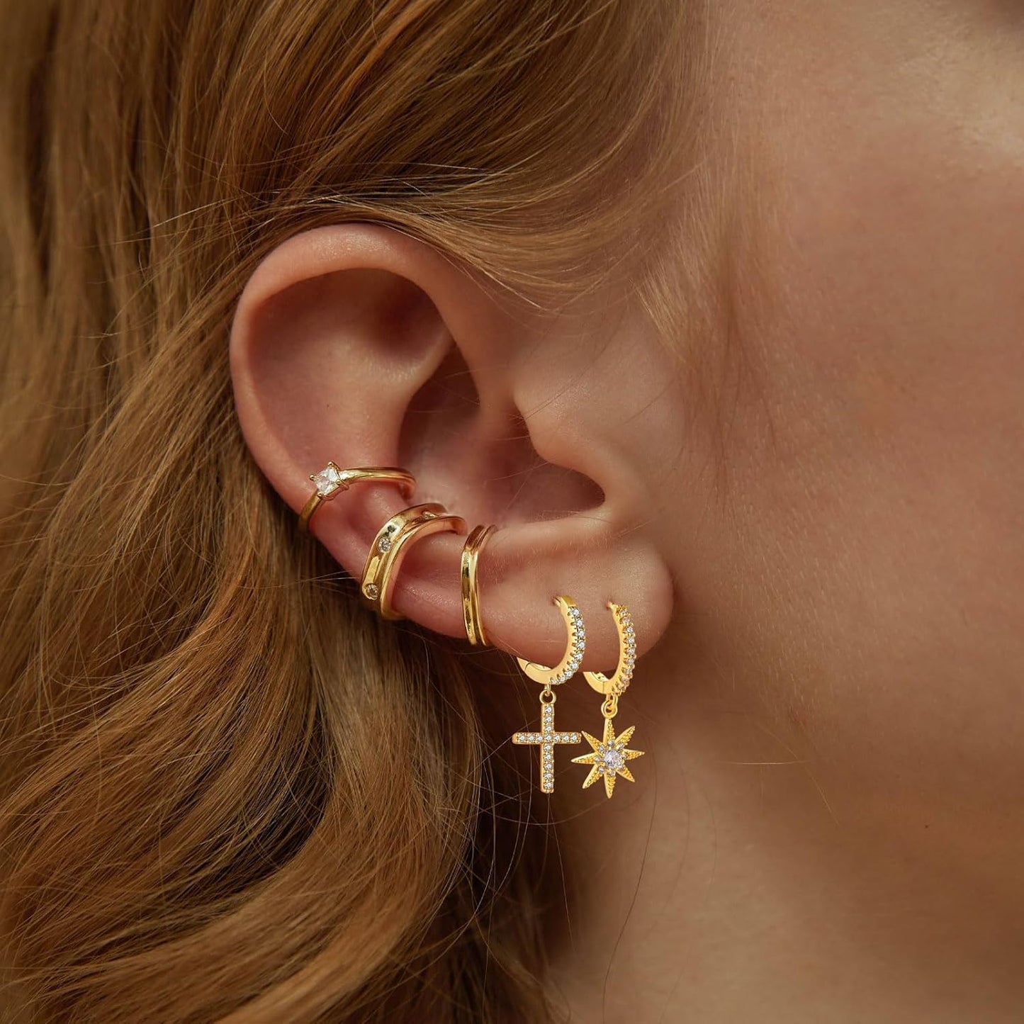 Mother'S Day Gold Hoop Earrings for Women 14K Gold Plated Huggie Hoop Earring Diamond Cut Cubic Zirconia Cross Earrings Hypoallergenic Dangle Earrings Jewelry Gift for Girls and Ladies (Cross-Gold)