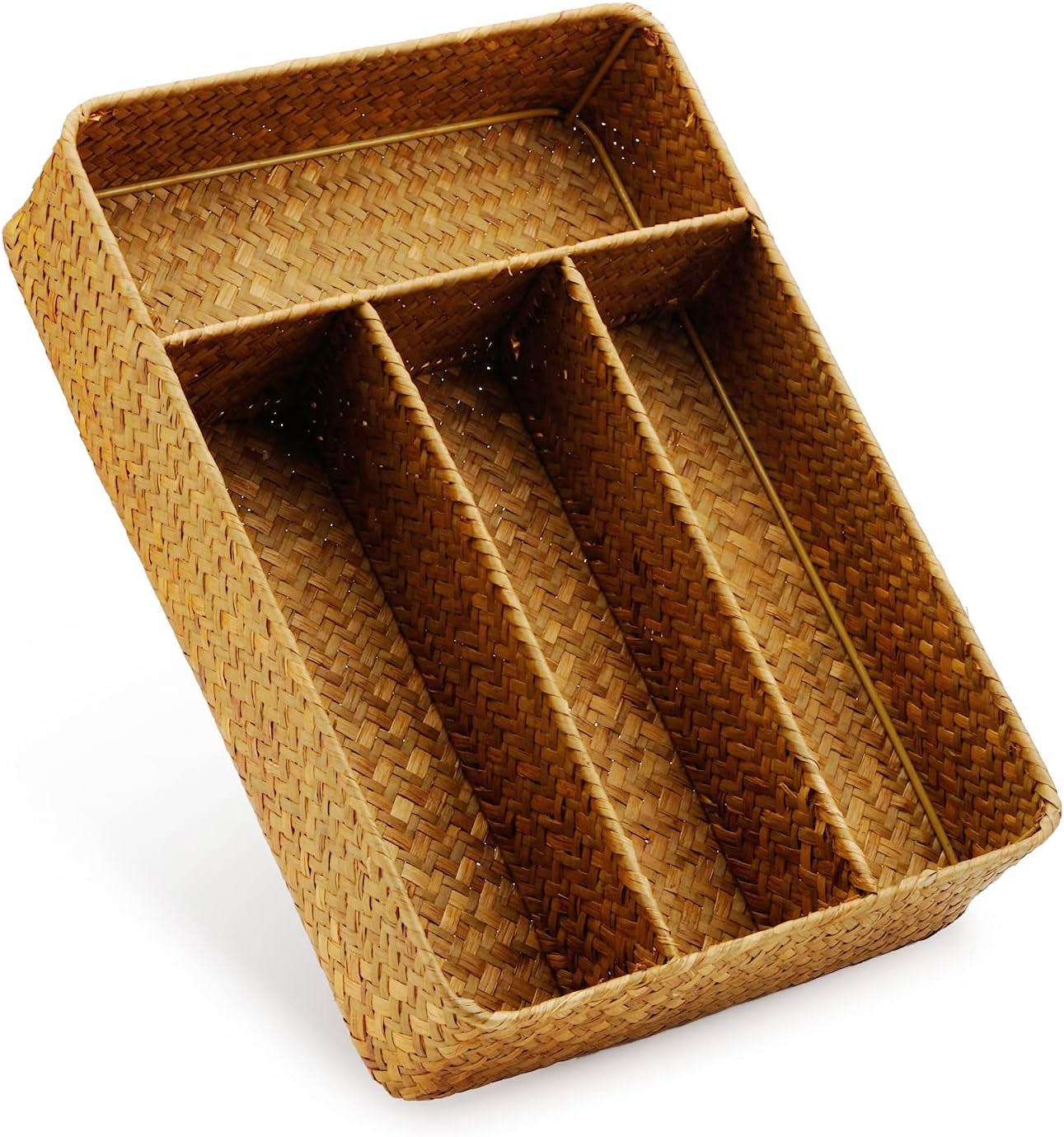 Seagrass Storage Basket with Compartments Utensil Tray for Organization Silverware Flatware Rectangular Shelf Baskets with 4 Sections Natural