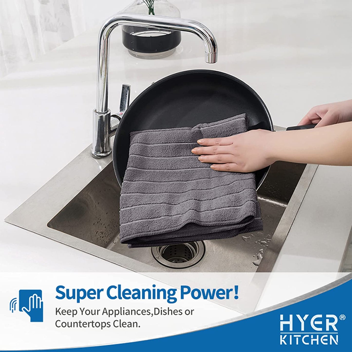 Microfiber Kitchen Towels, Stripe Designed, Super Soft and Absorbent Dish Towels, Pack of 8, 18 X 26 Inch, Gray and White