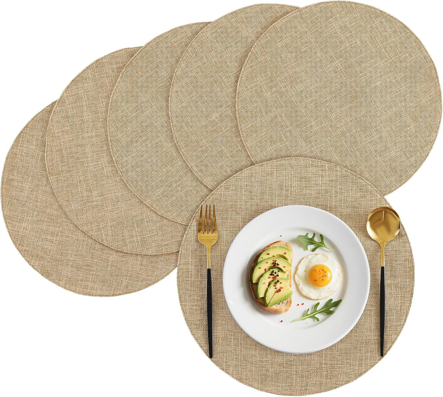 15 Inch round Cloth Placemats Set of 6, Cotton Linen Blend Washable Table Mats, Farmhouse Dining Place Mats for Indoors & Outdoors, Easy to Clean, Linen