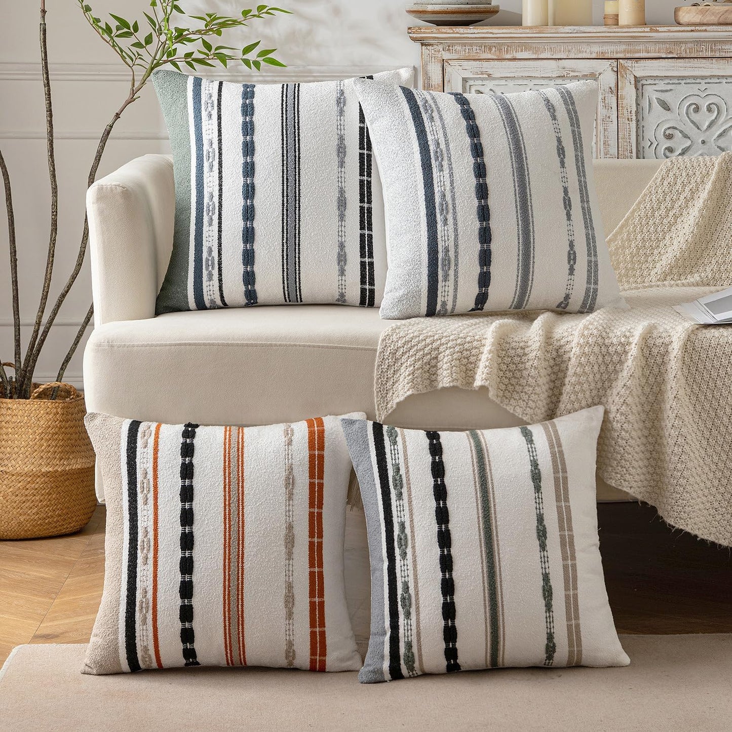 Fall Set of 2 Decorative Throw Pillow Covers Boho Farmhouse Cushion Covers Chenille Striped Pillow Covers Soft Accent Neutral Pillowcases for Sofa Couch Bed Home Decor,18×18 Inch,Black