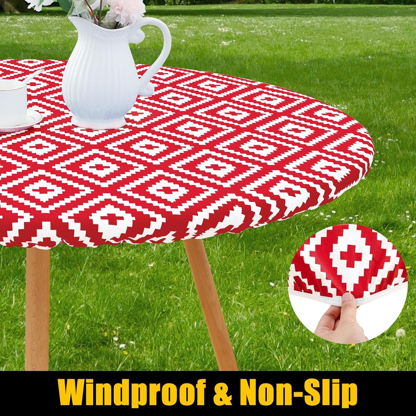 round Picnic Table Cloth, Waterproof Elastic Fitted Outdoor Tablecloths for 36"-44" Tables, Wipeable Flannel Backed Vinyl Table Cover for Camping, Dining and Indoor, Red