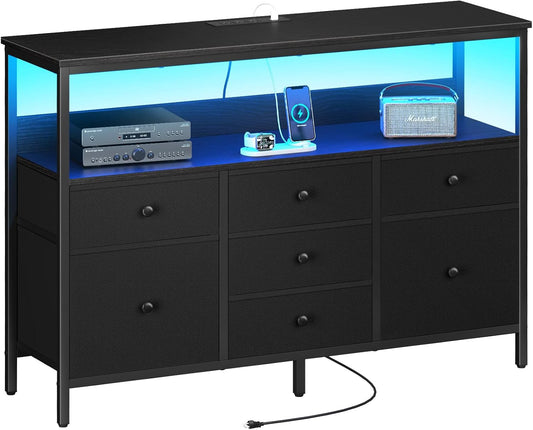 LED TV Stand for Bedroom, 50 Inch Kids Dresser with Power Outlets, 7 Drawers Entertainment Center with Storage Shelf, TV Stands Dresser for Bedroom, Living Room, TV Console Entertainment Stand