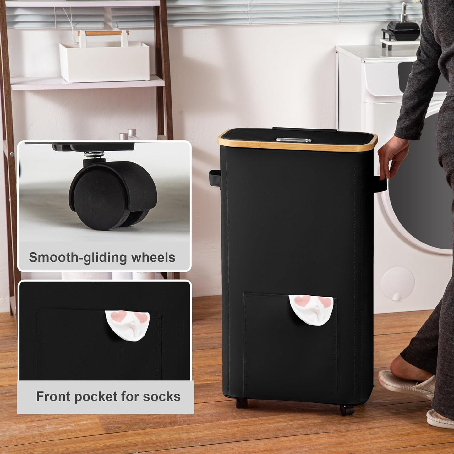 Laundry Basket with Wheels, Tall Dirty Clothes Hamper on Wheels, Rolling Laundry Hamper with Lid for Dorm, Bedroom and Bathroom (Black, 65L)