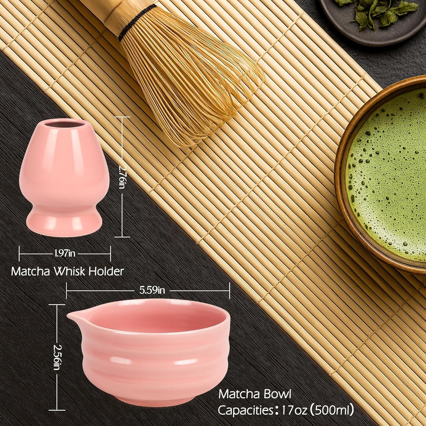 17Oz Pink Matcha Bowl with Spout,2Pcs Ceramic Chasen Stand and Mixing Bowls Set,Japanese Style Handmade Green Tea Cute Chawan,Gifts for Matcha Lovers and Novices(500Ml)